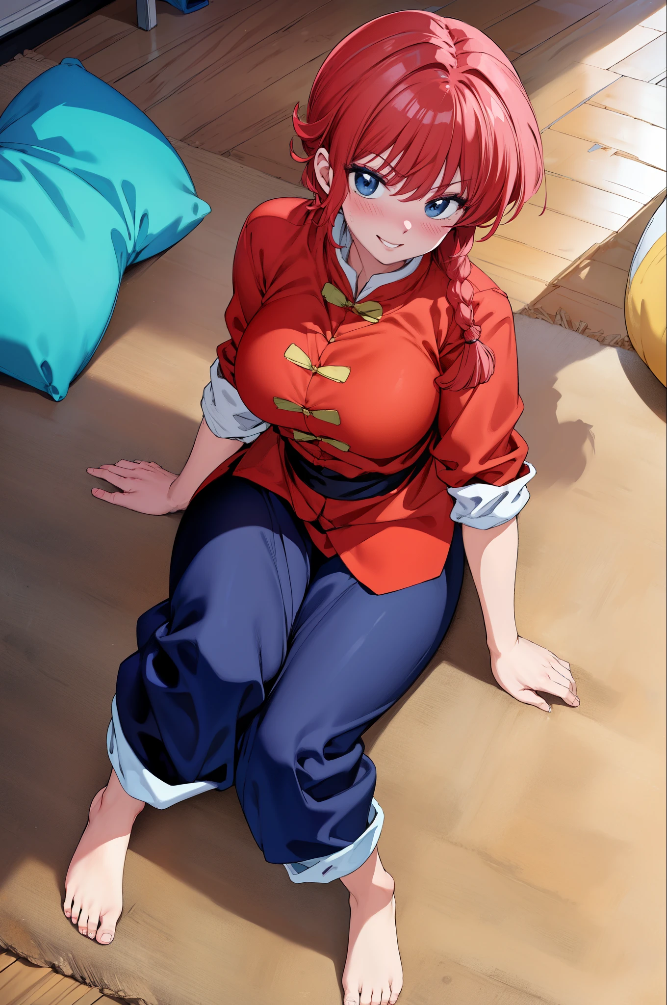 master piece, best quality, 8k, ultra high resolution, highest quality, anime style, best writing, beautiful face, Ranma-chan、Sit on a cushion, put your hand between your legs、girl sitting, solo、blush, best smile, single braid、ranma red shirt、black pants, take off shoes, barefoot, indoor, inside the room, masterpiece、details face、Details、high resolution、Face up, From above, Peel the top