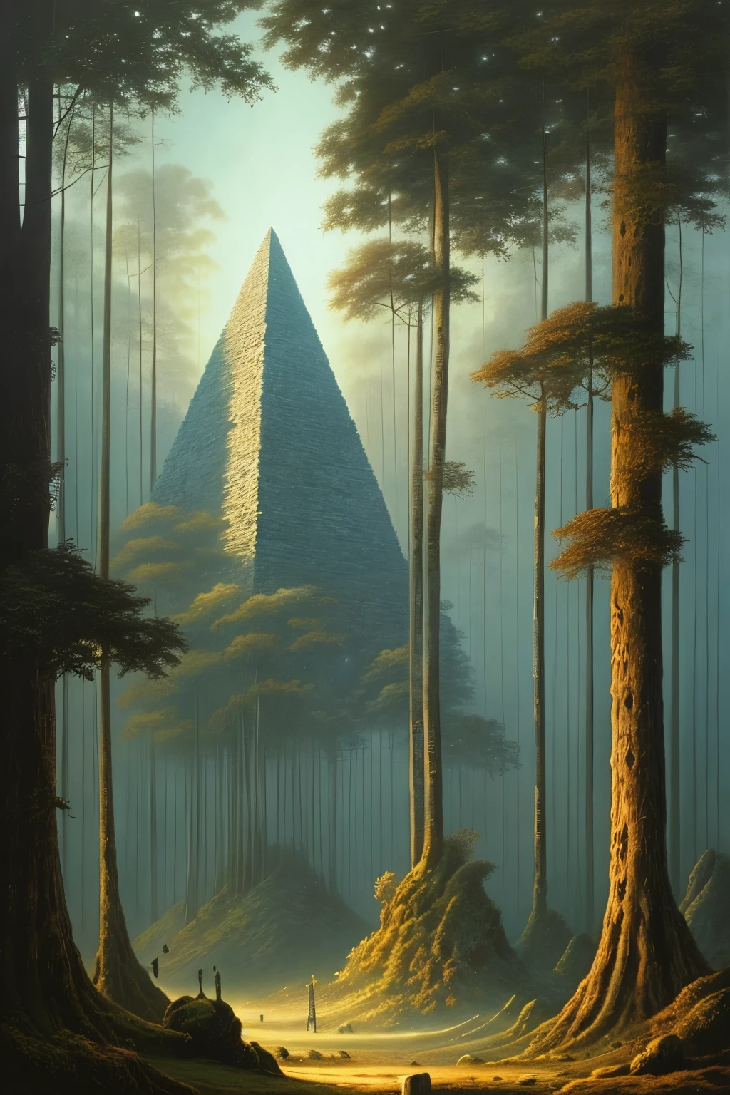 A floating pyramid in the air above an equatorial forest, bathed in the soft morning light, in the surrealist style of Zdzisław Beksiński --s2

This ethereal scene presents a pyramid suspended in mid-air, graciously hovering above the lush canopy of an equatorial forest. The gentle morning light casts a soft and inviting glow, illuminating every crevice and line of the ancient structure. The style evokes the distinctive surrealist sensibilities of Zdzisław Beksiński, adding an element of intrigue and enchantment to this captivating moment. --s2

(Note: