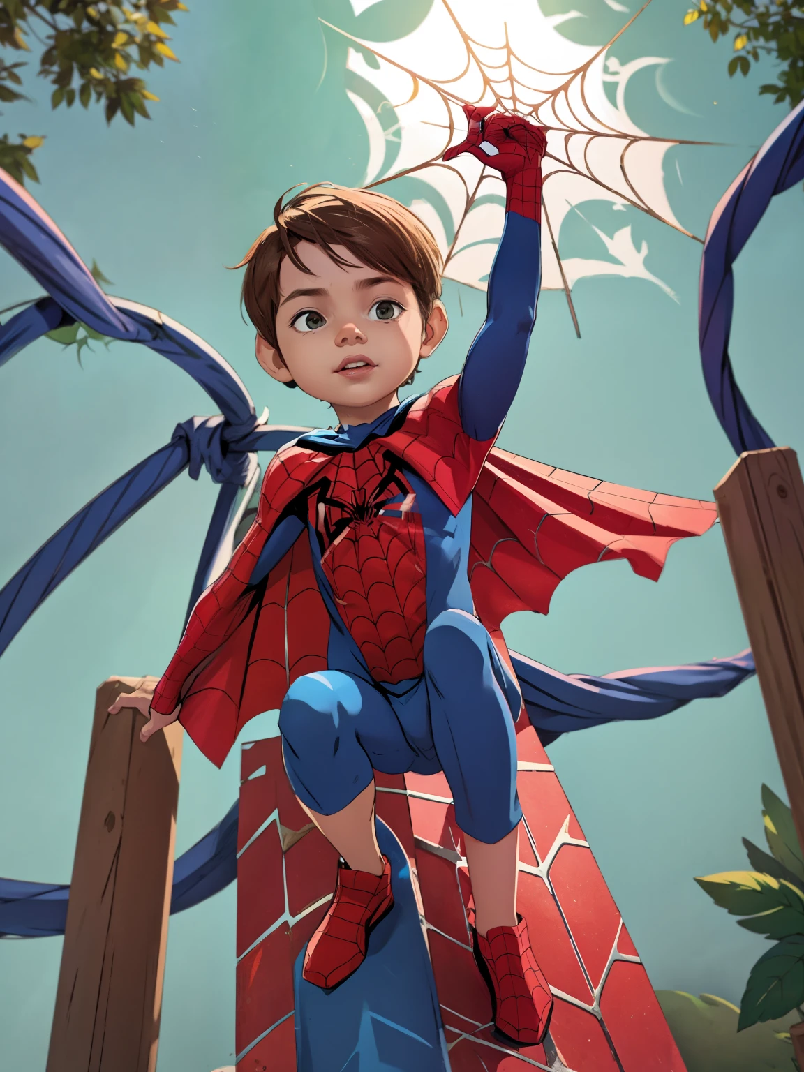 Cinematic Spider-Verse style. Comic art. TME0224 face, (((a baby boy, ***))), wearing a spider-man costume. super hero in epic pose. (((Comic Spider-web background))). cinematic lighting, drop shadow, masterpiece, UHD, anatomically correct, textured skin, super detail, high details, high quality, best quality, 4K