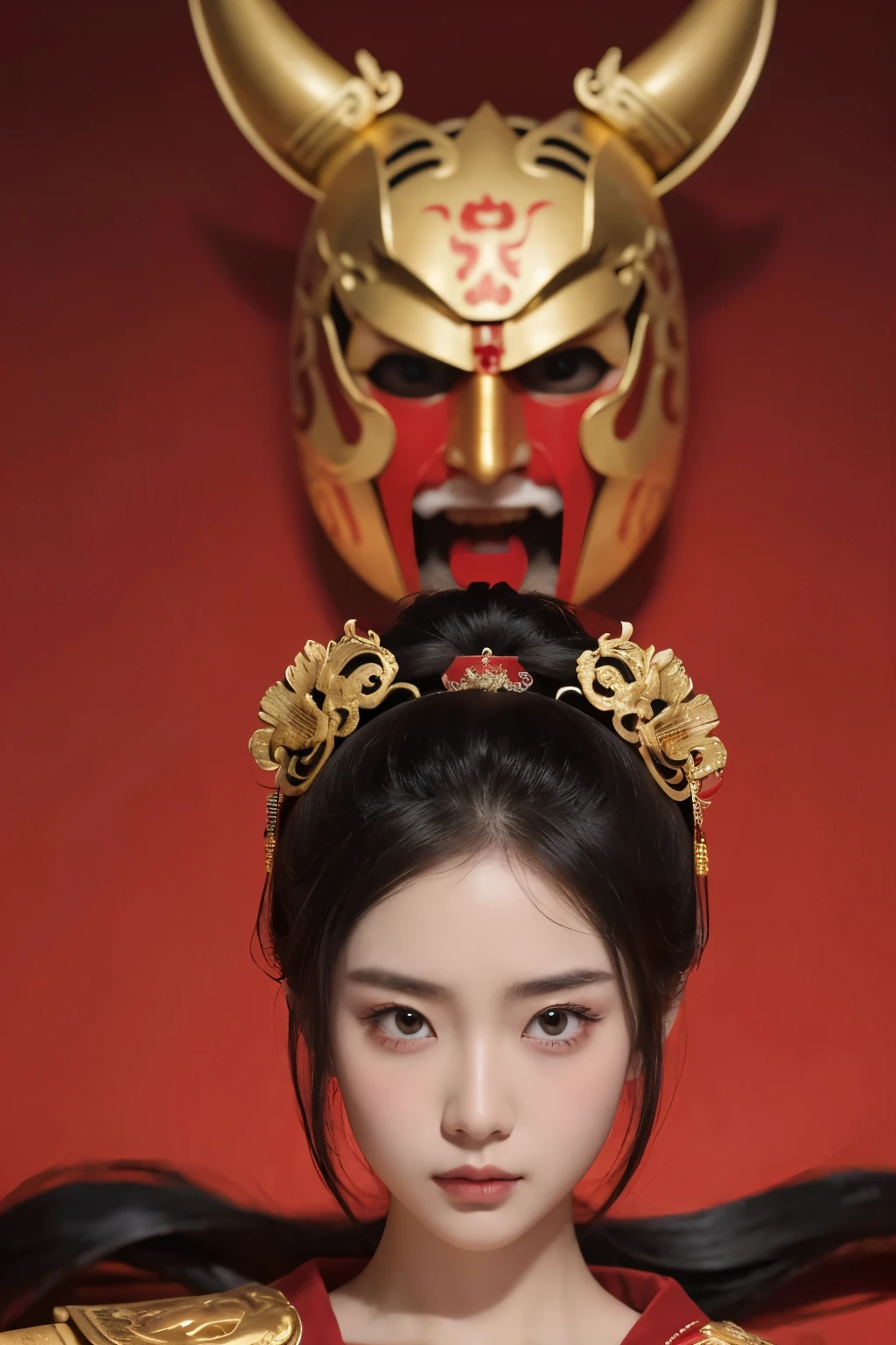 Beautiful classical Chinese women,Wearing a golden samurai mask,Eyes with murderous intent,red background,masterpiece、best picture quality、high resolution、8k,Extreme details、Center the composition、masterpiece、Hayao Miyazaki、