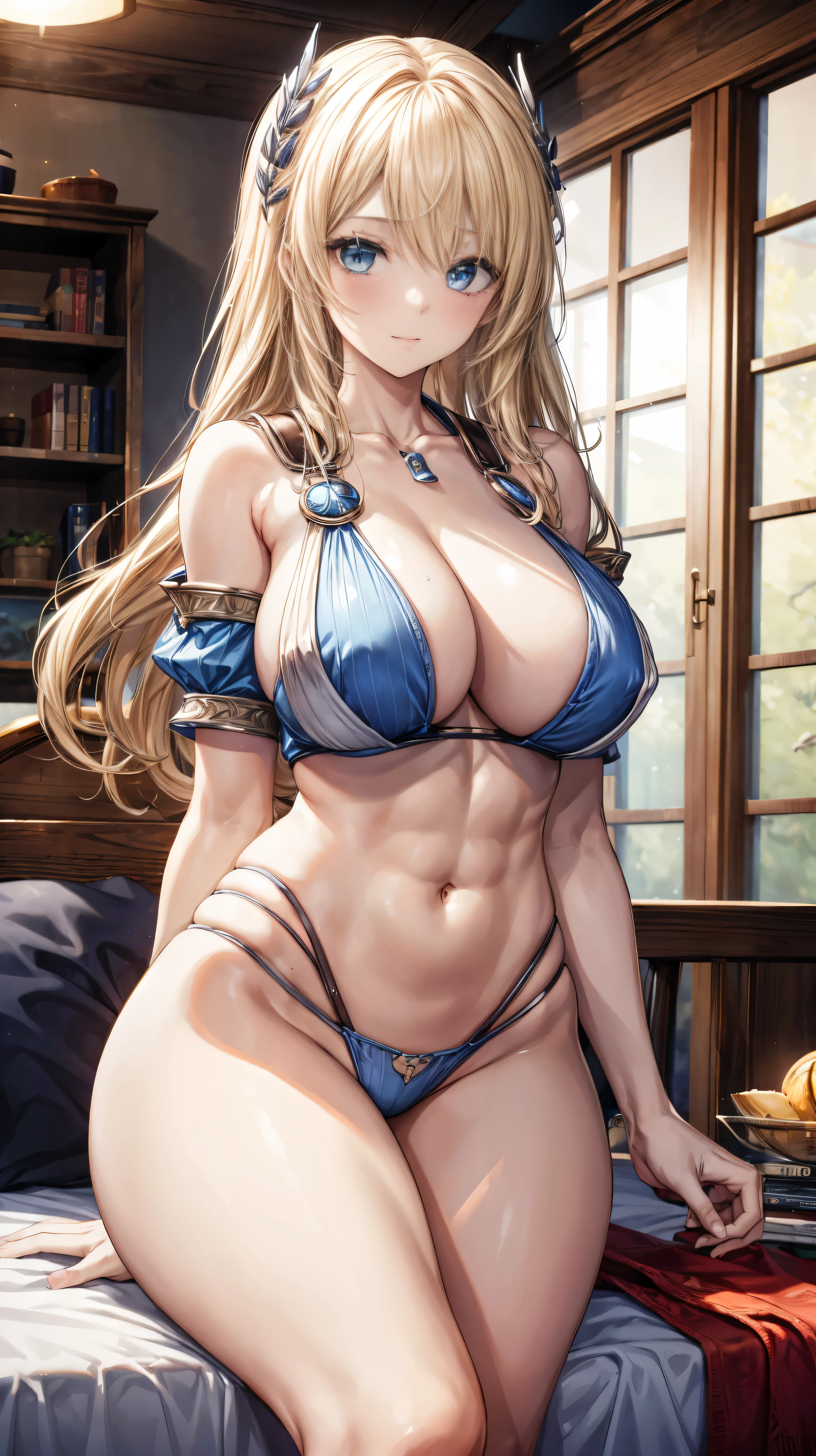 sensual, long blonde hair, thick thighs, 8k, 4k, highest quality, High resolution:1.2), cute anime face, noise reduction, shining blue eyes, gentle smile, gentle eyes、toned abdominal muscles, muscular arms, muscular legs,  young face, anime eyes, (((big breasts、A chest that is about to burst)))、Sophitia Alexandra、Equipped with sword and shield