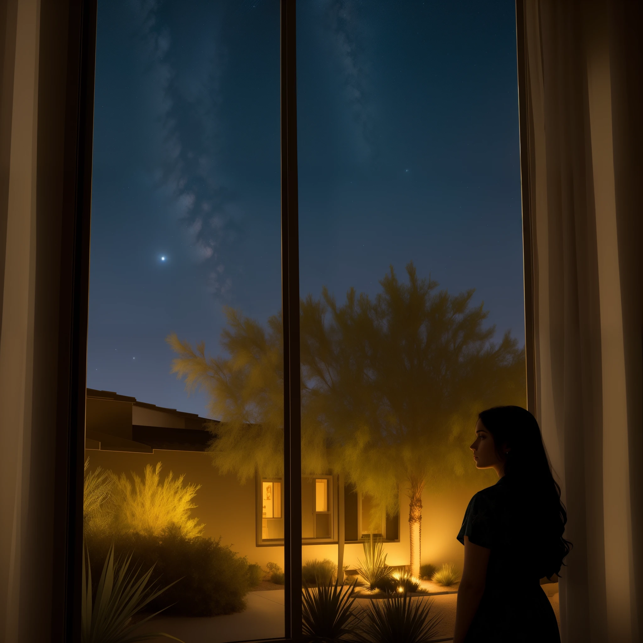 In the quiet and eerie suburban backyard of a Las Vegas residence, dated 2023, a 20-year-old European woman stands near a darkened window, gazing out into the night. The stillness of the desert air hangs heavy as she looks out at the overgrown bushes, her pale reflection shimmering on the window's glass. In the dimly lit scene, a truck and forklift are silhouetted against the star-studded sky, their metallic forms stark contrasts to the lush greenery. Captured in ultrarealistic, 8k quality, the scene is rendered with pinpoint details: the textured leaves