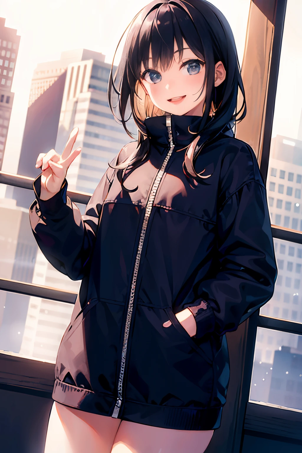 (morning), 1 girl, alone, looking at the viewer, winter, cowboy shot, (downtown), cowboy shot, smile, black hair