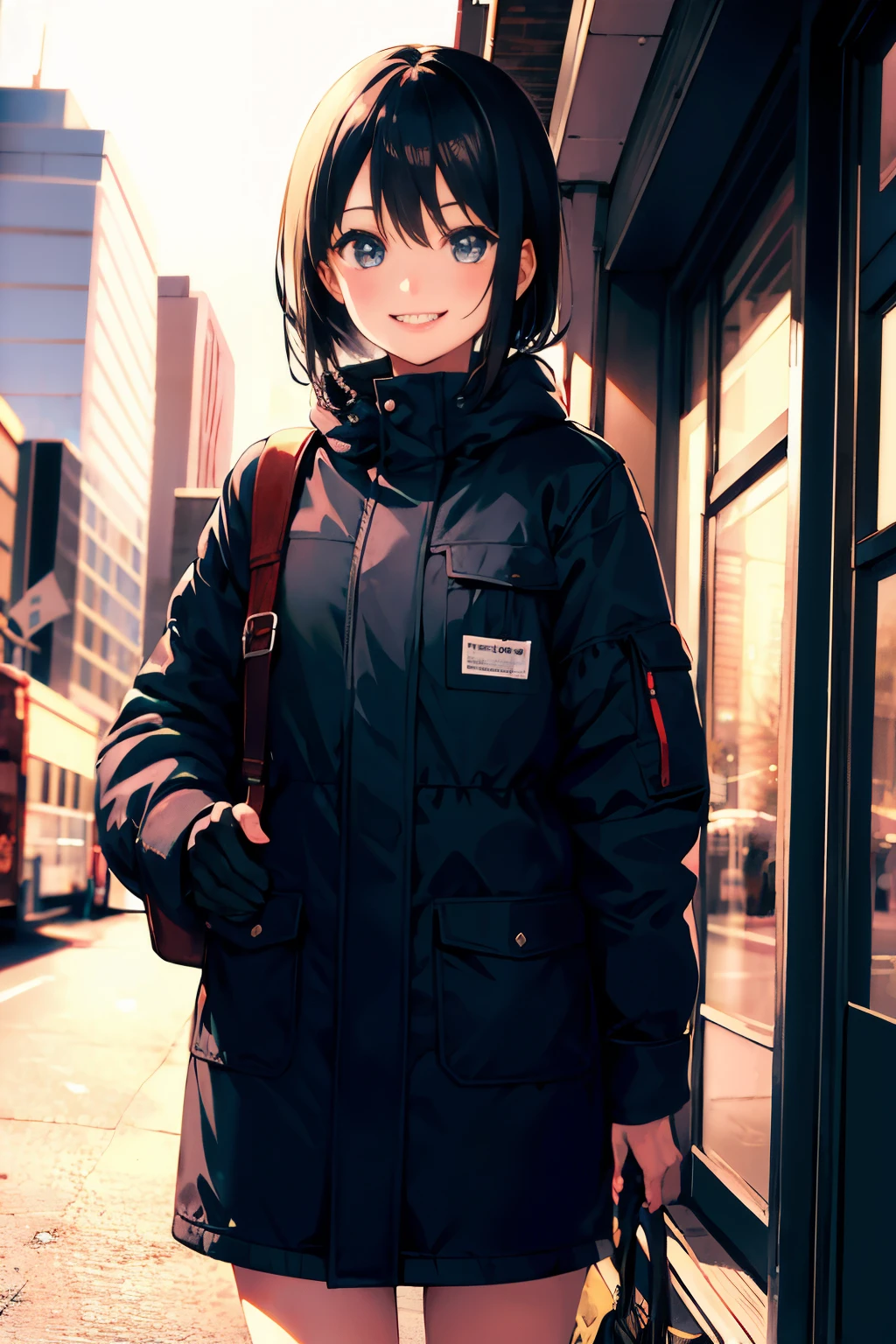 (morning), 1 girl, alone, looking at the viewer, winter, cowboy shot, (downtown), cowboy shot, smile, black hair