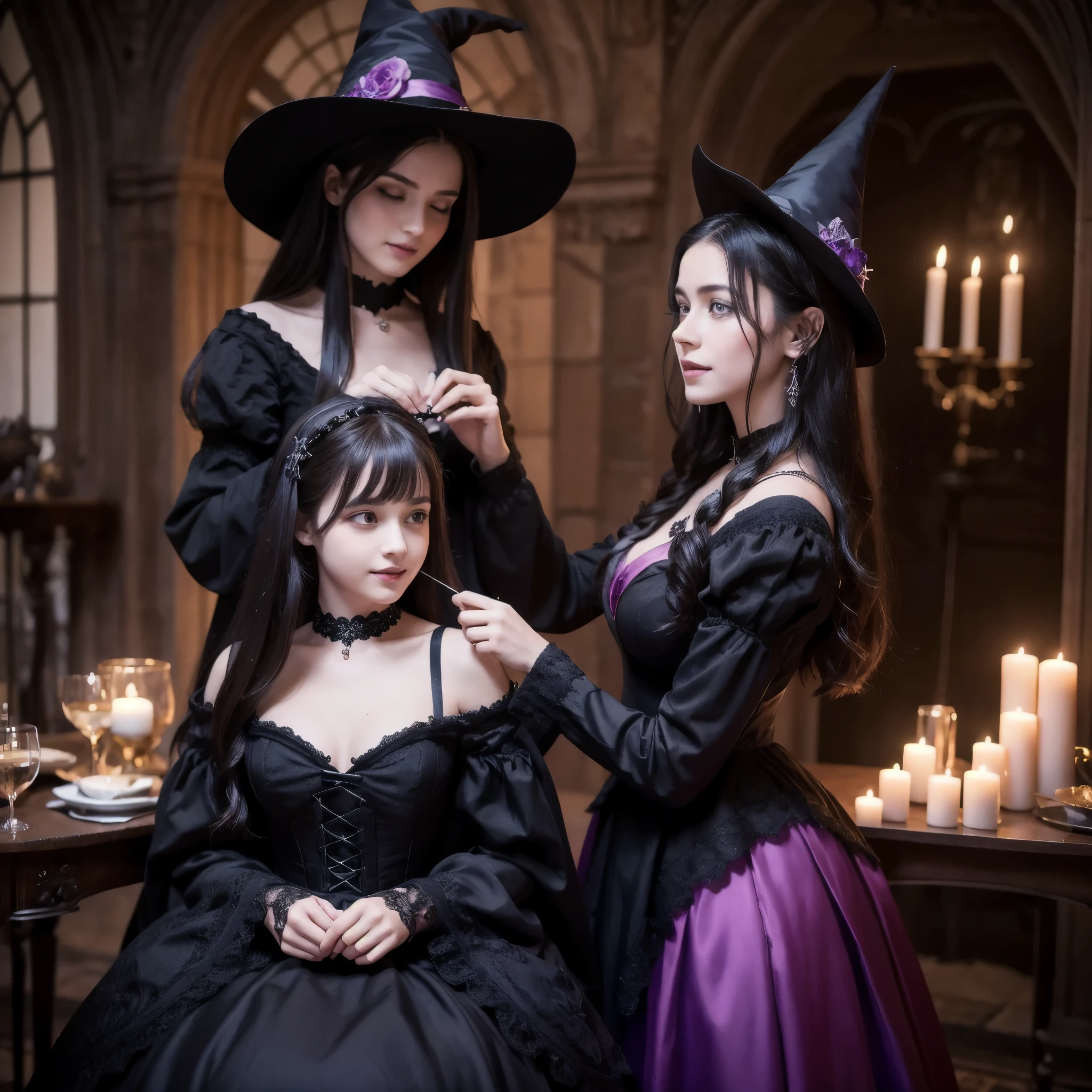 (best quality,4k,8k,highres,masterpiece:1.2),ultra-detailed,(realistic,photorealistic,photo-realistic:1.37), a age boy joins a witch coven and he’s given the gift of femininity, he gets magically transformed into a cute teenwitch girl, sex change ritual, pink eyes, long black hair, is happy, witches are helping dressing up the new girl, she’s happily getting dressed in a stunning black victorian dress, gorgeous dress design,flowing gown,elaborate lace details,rich textures,contrast stitching,delicate ribbon bows,floral accents,full skirt,high neckline,long sleeves,fitted waistline,flared cuffs,lace-up back,luxurious fabrics,flawless silhouette,high heels,pointy hat, magical transformation, detailed facial features, glowing and vibrant pink eyes, flowing and glossy long black hair, happy and excited expression, joyful and radiant vibe, embrace her new identity has a maiden of witchcraft, eager to learn magic, surrounded by a mystical aura, spell books and potions in the background, inside an abandoned castle, moonlit night with a full moon shining above, soft and ethereal lighting, a group of friendly witches welcoming the new girl into the coven, joyful celebration, witches assisting in dressing up the new girl,promptly helps the new girl getting dressed in a stunning black Victorian dress, feminine and elegant movements, a cauldron overflowing with sparkles and magical essence, black and purple hues dominating the color palette, whimsical and enchanting atmosphere, breathtaking and bewitching nature, a sense of empowerment and self-discovery.