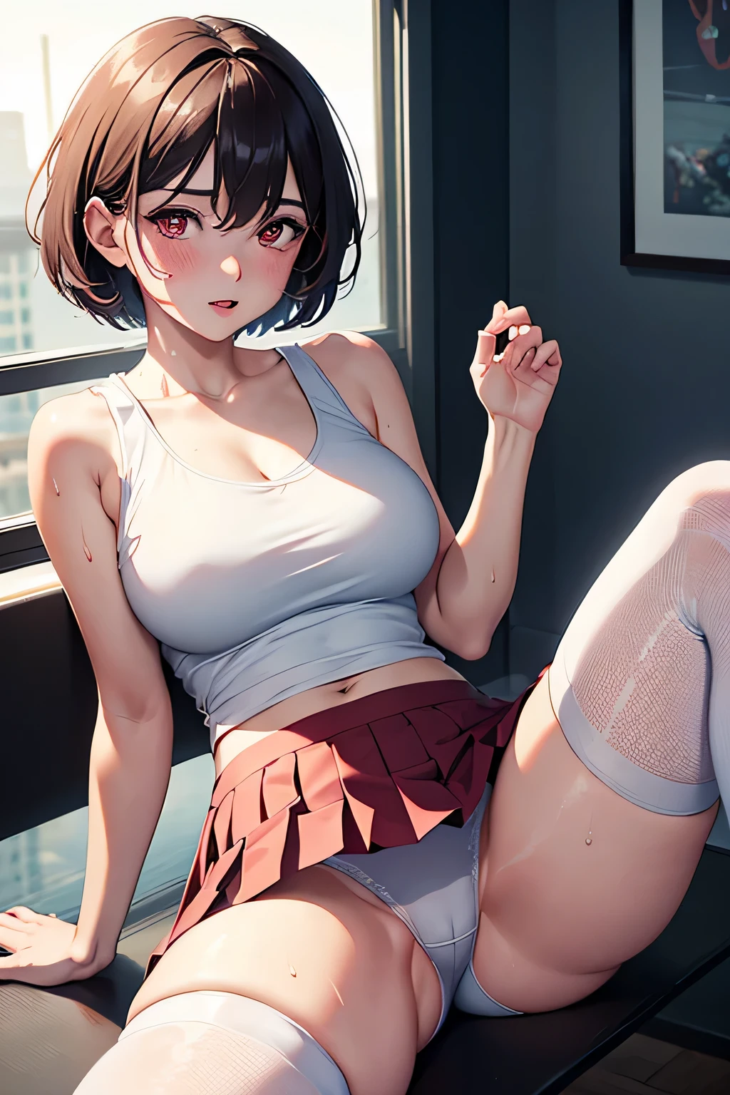 ((4k, masterpiece, highest quality)), 1 girl, anime, short hair, red eyes, medium breasts, cute, blush, Sweat,Blue Check,pleated skirt, underwear, spread your legs, Thighhighs, Wet, white tank top