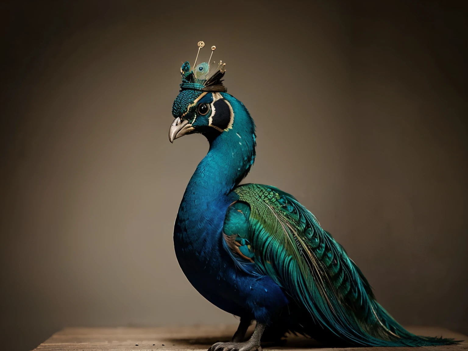 A proud peacock with beautiful feathers, beautiful colors and a crown