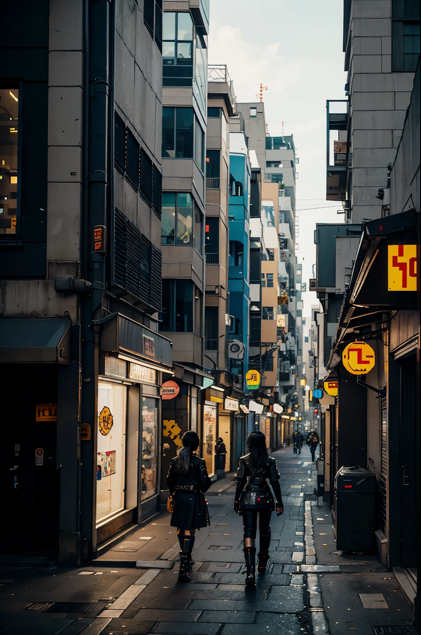 cyberpunk street, 2D, one side view, (pixel art), shops, 
empty street