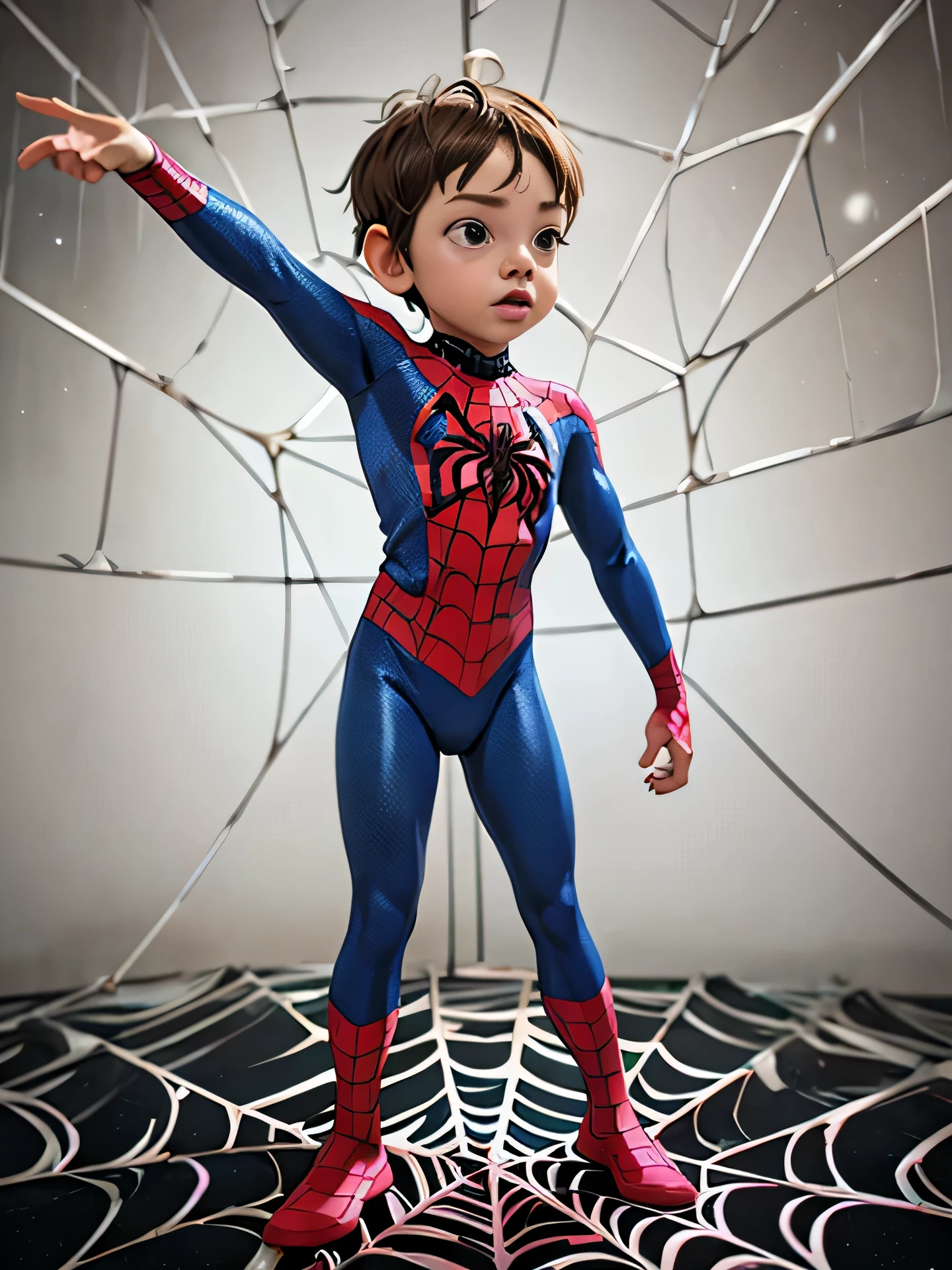 Spider-Verse cinematic style. arte em quadrinhos. Rosto TME0224, (((um , 3 anos))), vestindo uma fantasia de Homem-Aranha. superhero in epic pose. (((fundo de teia de aranha em quadrinhos))). Cinematic lighting, sombra projetada, obra de arte, Ultra HD, anatomicamente correto, Pele Texturizada, Super detalhe, Detalhes altos, alta qualidade, melhor qualidade, 4k