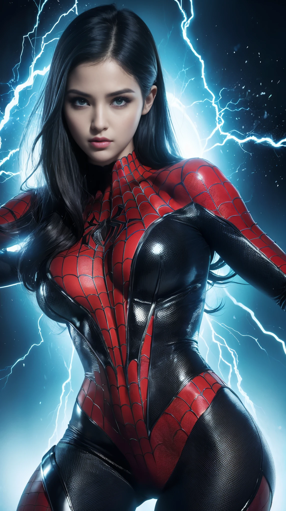 ((mejor calidad)), ((obra maestra)), (detallado: 1.4), ..3D, una imagen de una hermosa mujer ojos azules con traje de Spiderman con cabello grueso Pechos grandes con disparos y cola grande y voluminoso, light particules, Pure energy, caos, antitech, HDR (High Dymanic Range), Trazado de rayos ,NVIDIA RTX, Super-Resolutio