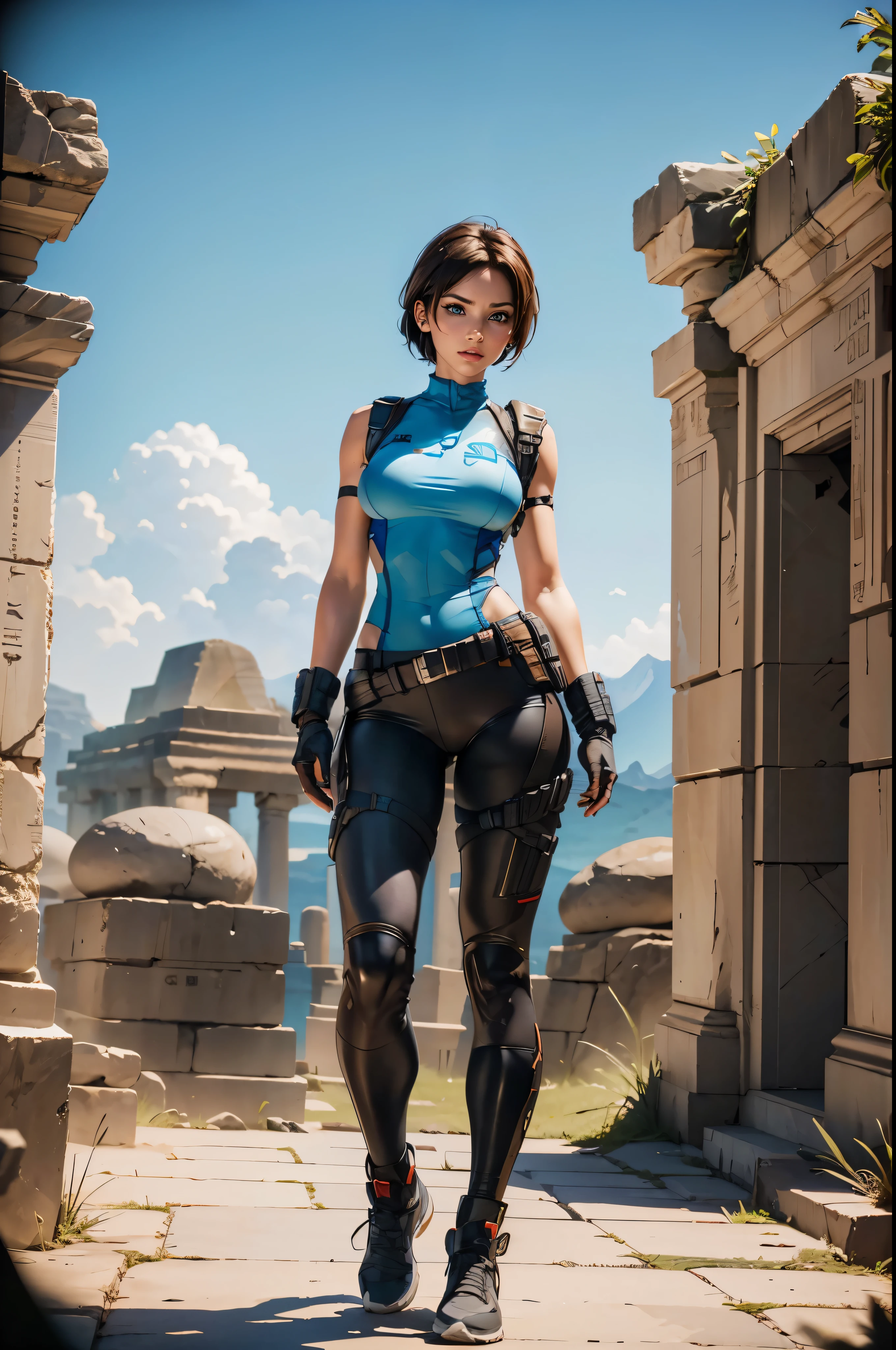 (((Ultra wide angle landscape of the ancient tomb))), a beautiful female adventurer stood in the distance, ((wearing a jill valentine outfit))