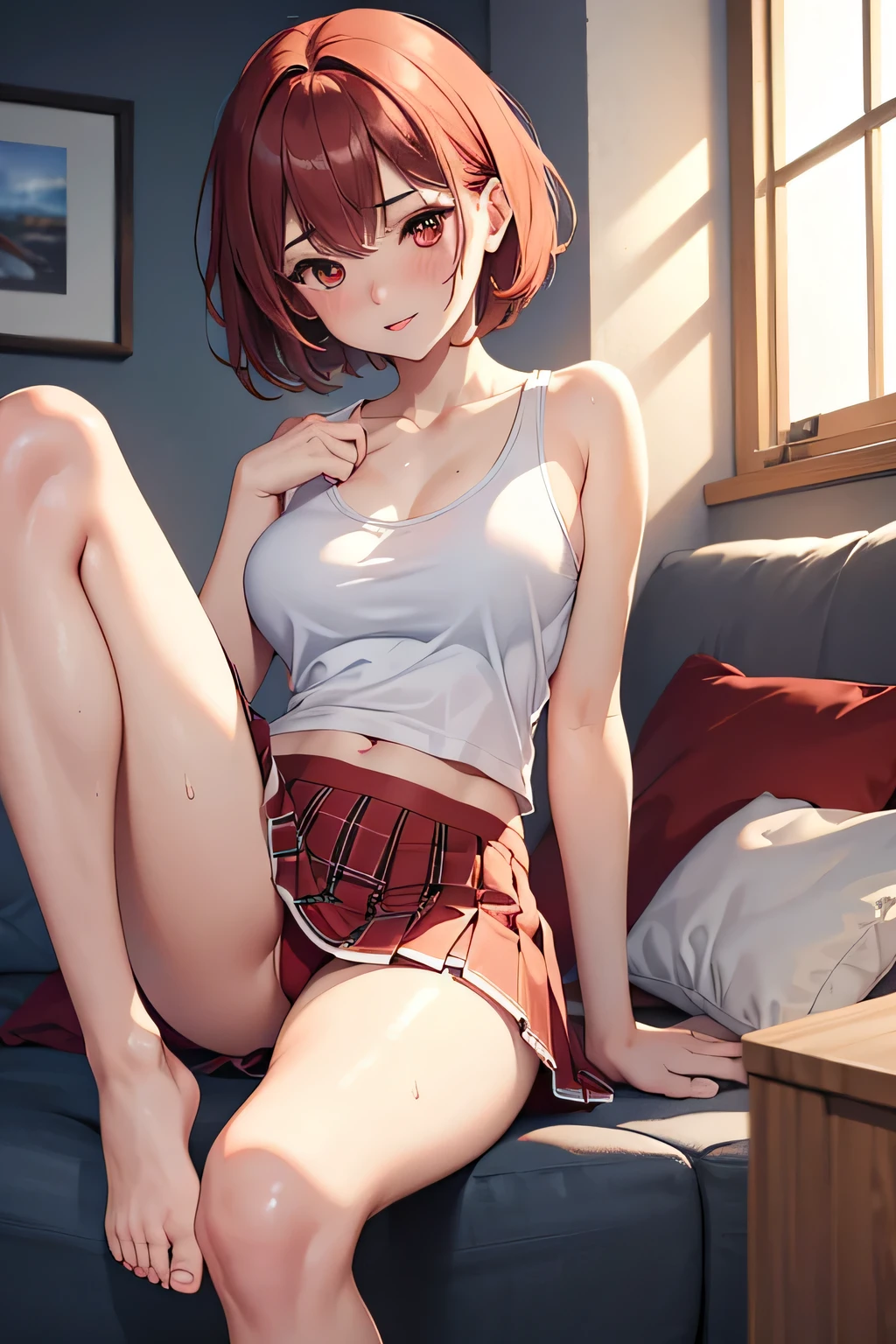 ((4k, masterpiece, highest quality)), 1 girl, anime, short hair, red eyes, medium breasts, cute, blush, Sweat,red checked pleated skirt, underwear, spread your legs, Wet, white tank top, barefoot