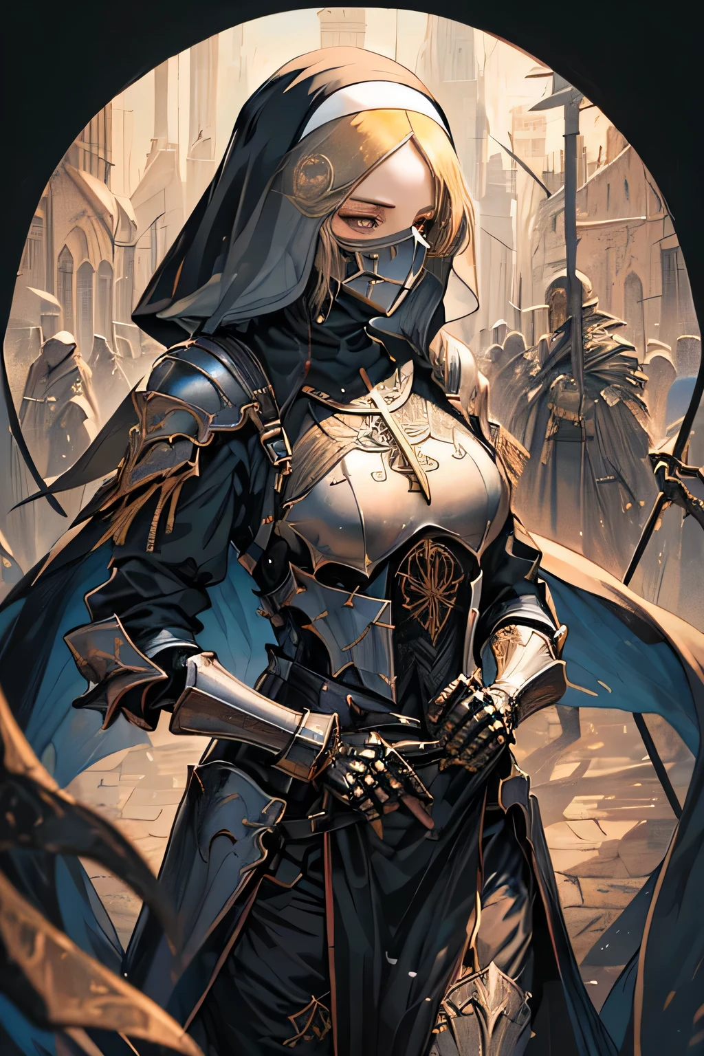Mysterious female nun covering her face with a mask、armored costume for battle、Weapons with a cross motif、detailed description、pursuit of reality、 create style wallpaper. Using a subtle lighting art style、put her in a dimly lit environment。。. in the background, Draw an unforgettable and beautiful skeleton, Adds a spooky and enchanting atmosphere to your work.long legs、realistic、brandished sword、dynamic pose