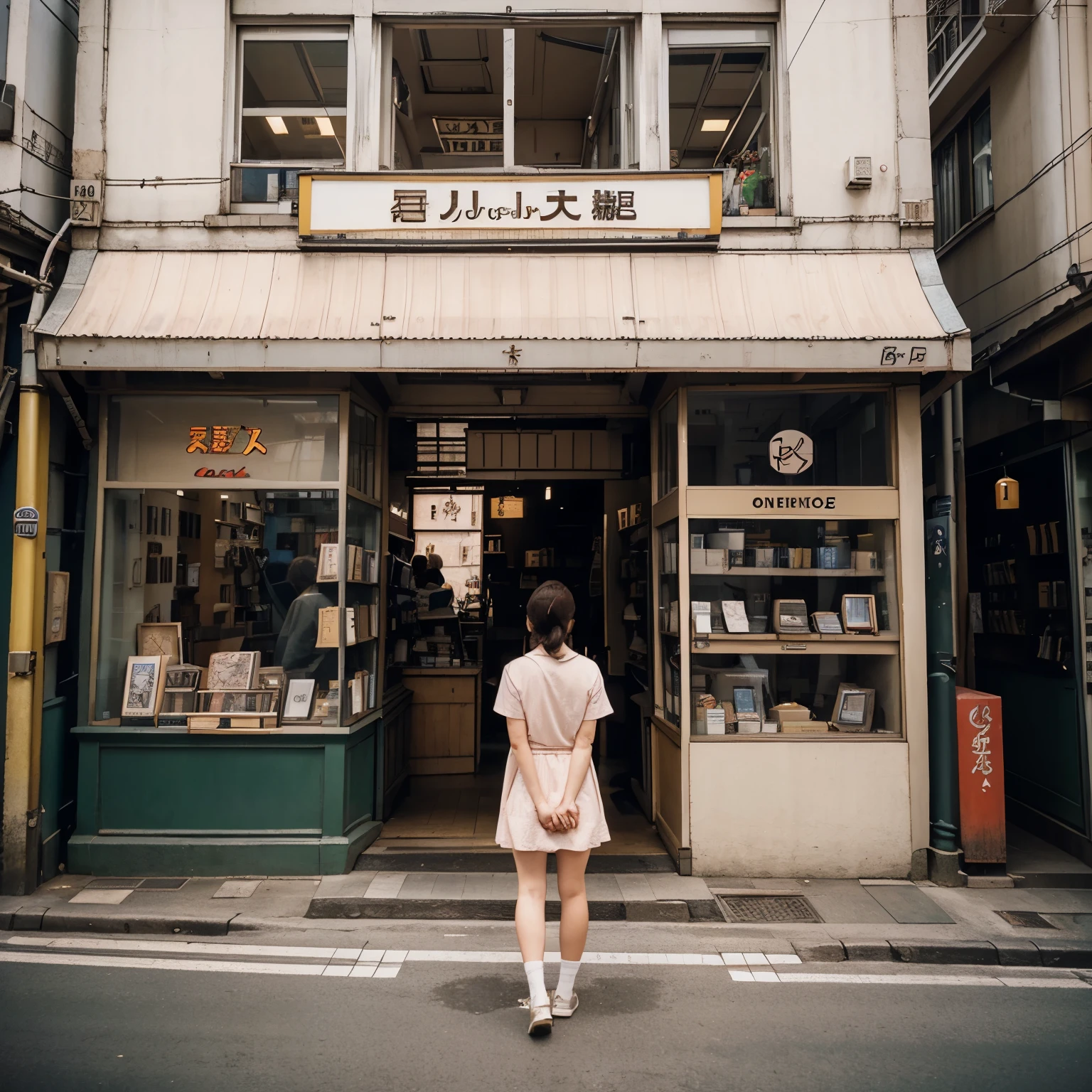 Shoot from front, small cute retro store, have big windows display with "onelatte" word, high quality, in the middle of tokyo old alley, people around the street, colourful scene