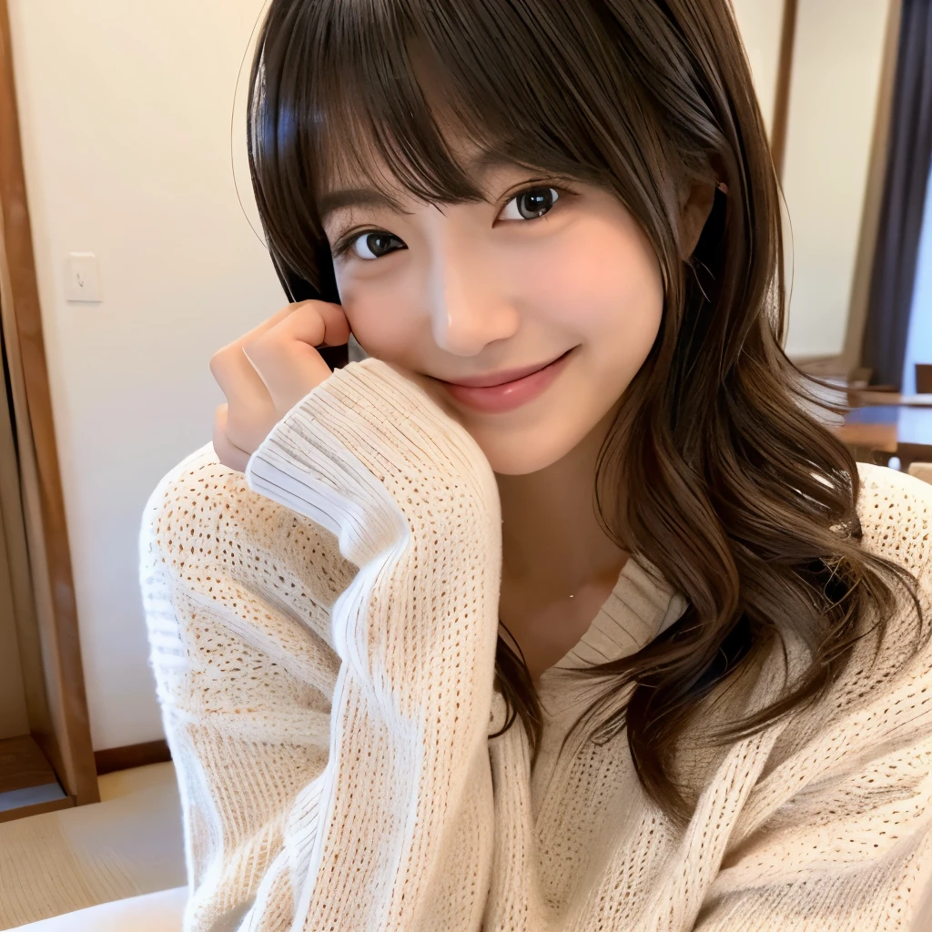 japanes、Inwardly curled semi-long hair、a beauty girl、Beautiful skin、slender、a smile、153cm、a room、Torch、high neck white sweater、B Cup、Beautiful hands、Shy face、