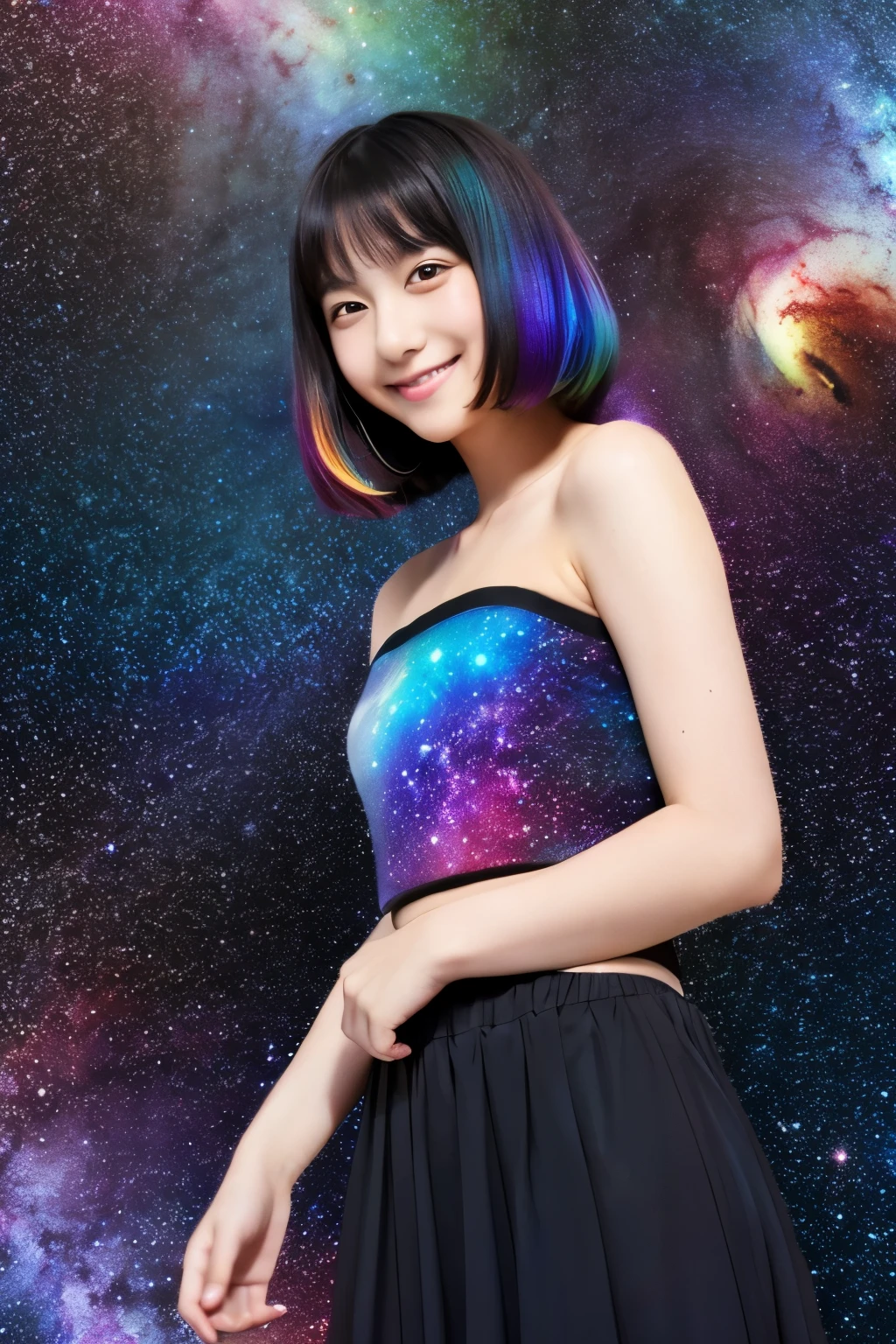 girl wearing a black tube top, Are standing, rainbow colored space nebula background, Milky Way, intricate details, perfect face, japanese animation, Moe, 19 years old, shy smile