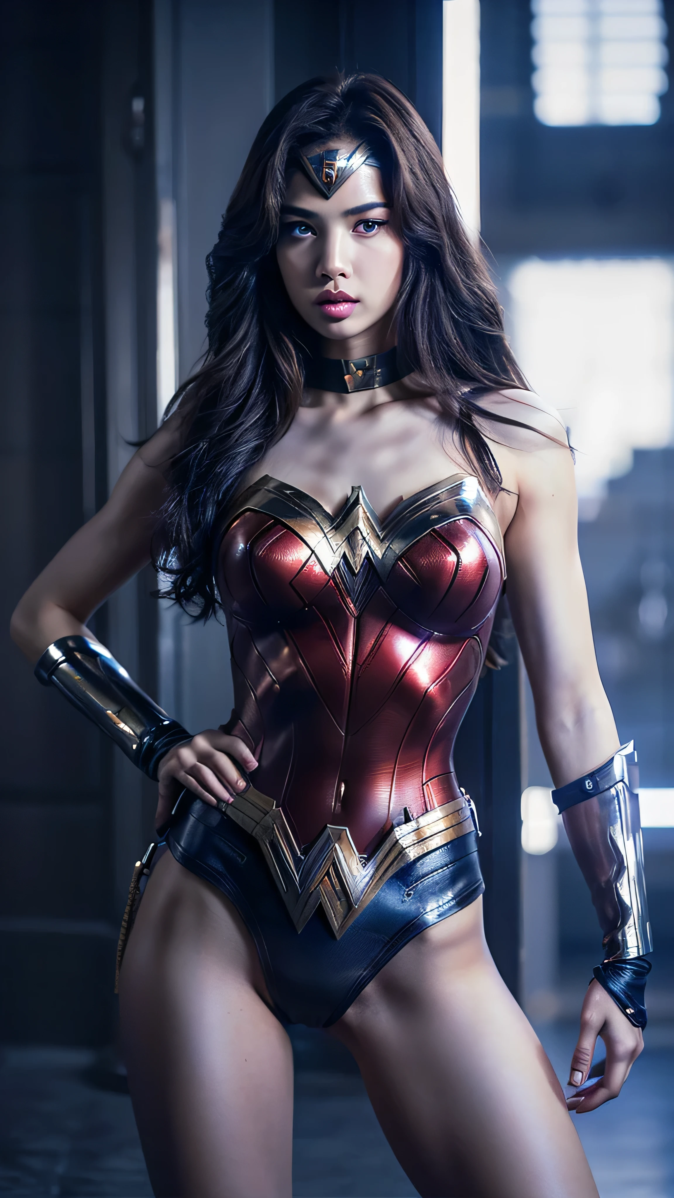 ((masterpiece, 8K, 3D, Realistic, Super Detail)), (1girl:1.3), slender 17 age, Ultra Micro photography, Super realistic, Perfect face, Beautiful features, ((Perfect female body)) Beautiful features, ( body), ((small hips)), Lisa Blackpink as Wonder woman ((Exposed thigh)), Exposed Skin, Front Full body Shot, full body portrait, futuristic city background
