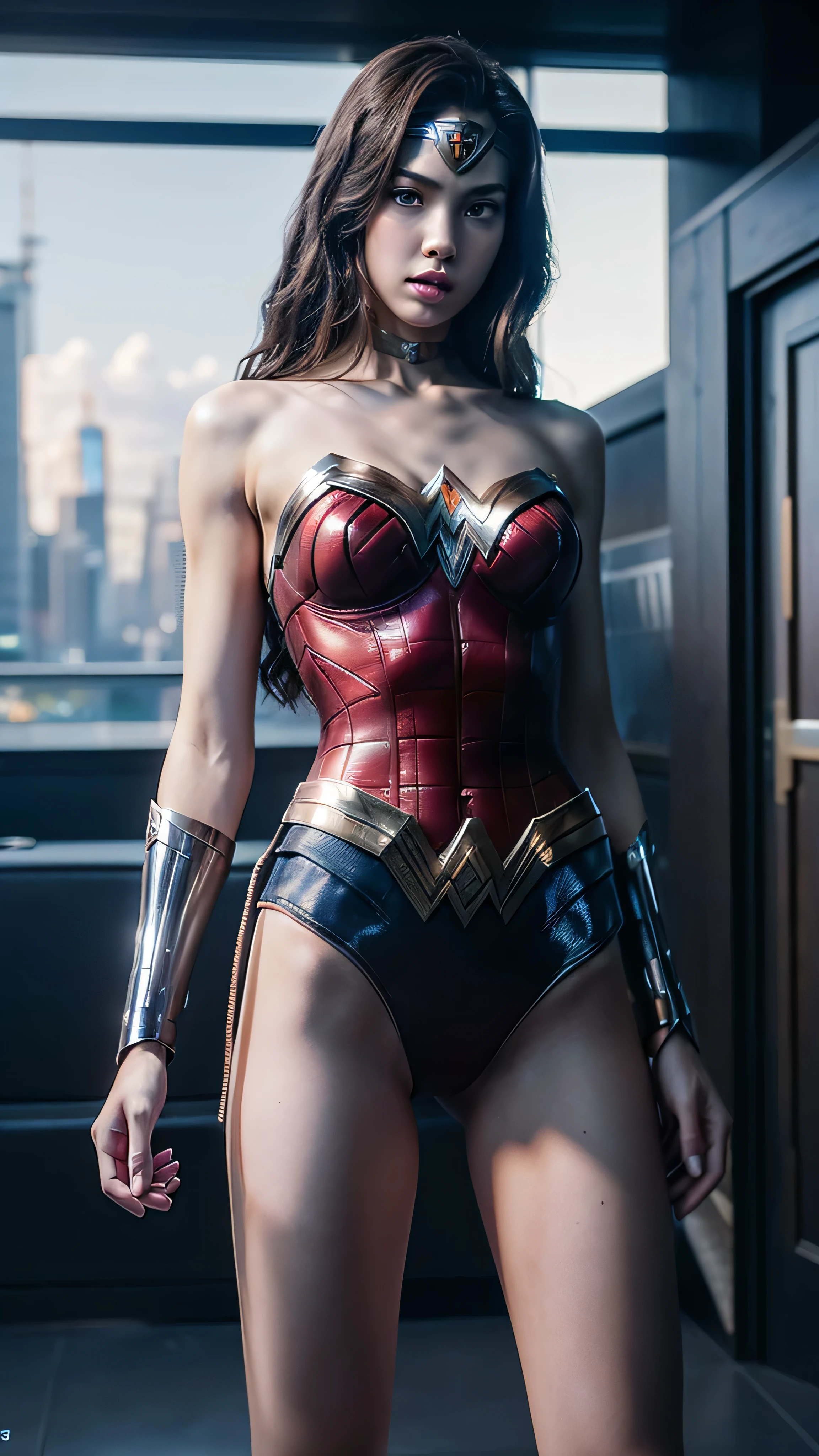 ((masterpiece, 8K, 3D, Realistic, Super Detail)), (1girl:1.3), slender 17 age, Ultra Micro photography, Super realistic, Perfect face, Beautiful features, ((Perfect female body)) Beautiful features, ( body), ((small hips)), Lisa Blackpink as Wonder woman ((Exposed thigh)), Exposed Skin, Front Full body Shot, full body portrait, futuristic city background
