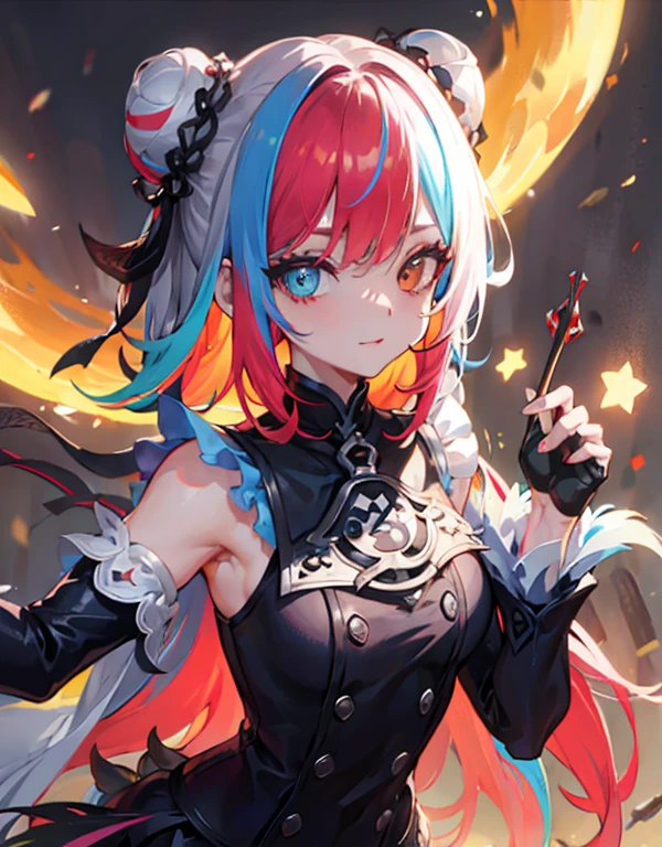 {{Meisterwerk}}, best quality, Extrem detailliertes CG Unity 8k-Hintergrundbild, filmische Beleuchtung, Linseneffekt, Nice detailed eyes, Schwarz, Seitenblick, mehrfarbiges Haar, bunt light, Partikel, Heterochromie, (bunt:1.5), (bunt hair:1.5),