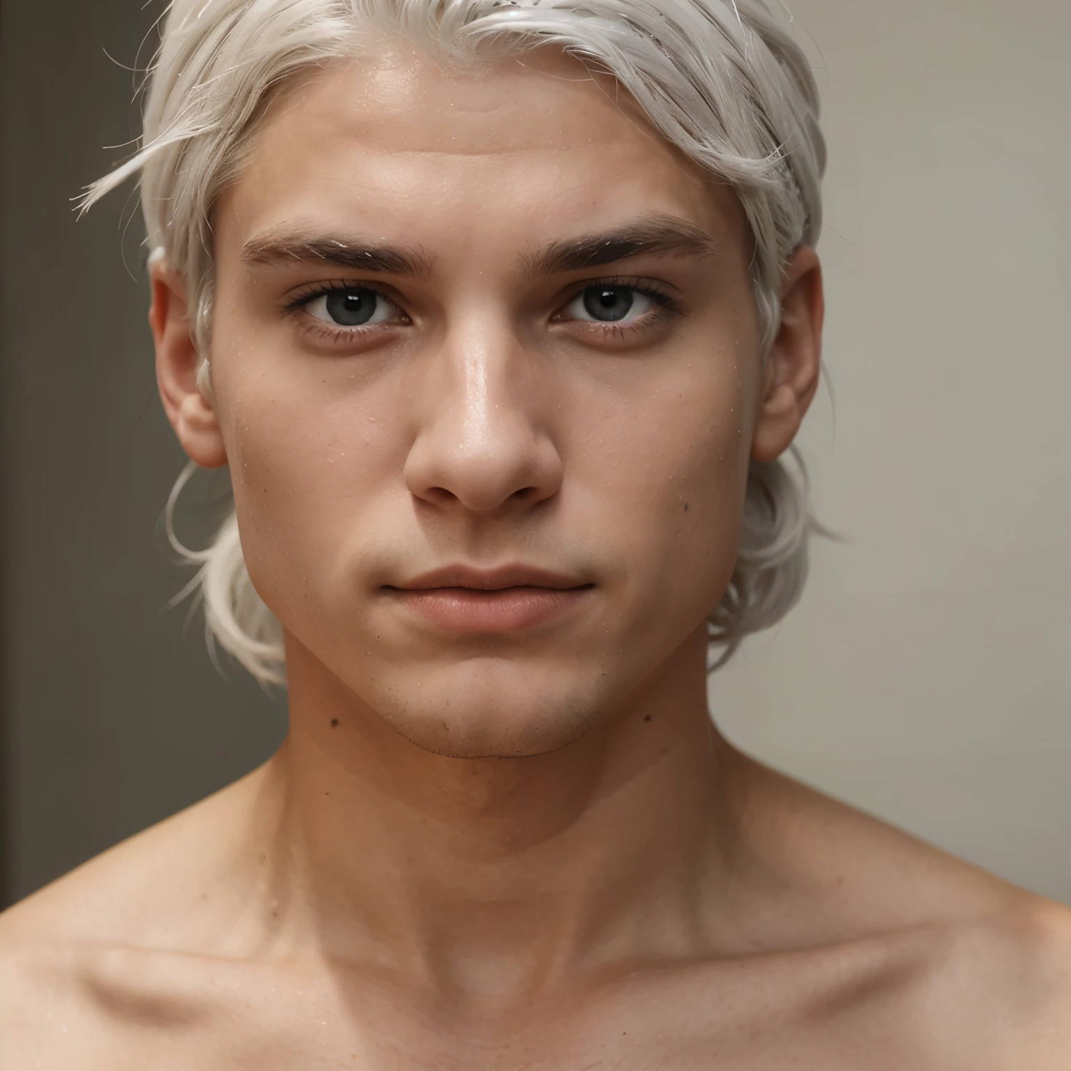 Young man with white hair tied, yeux rouges