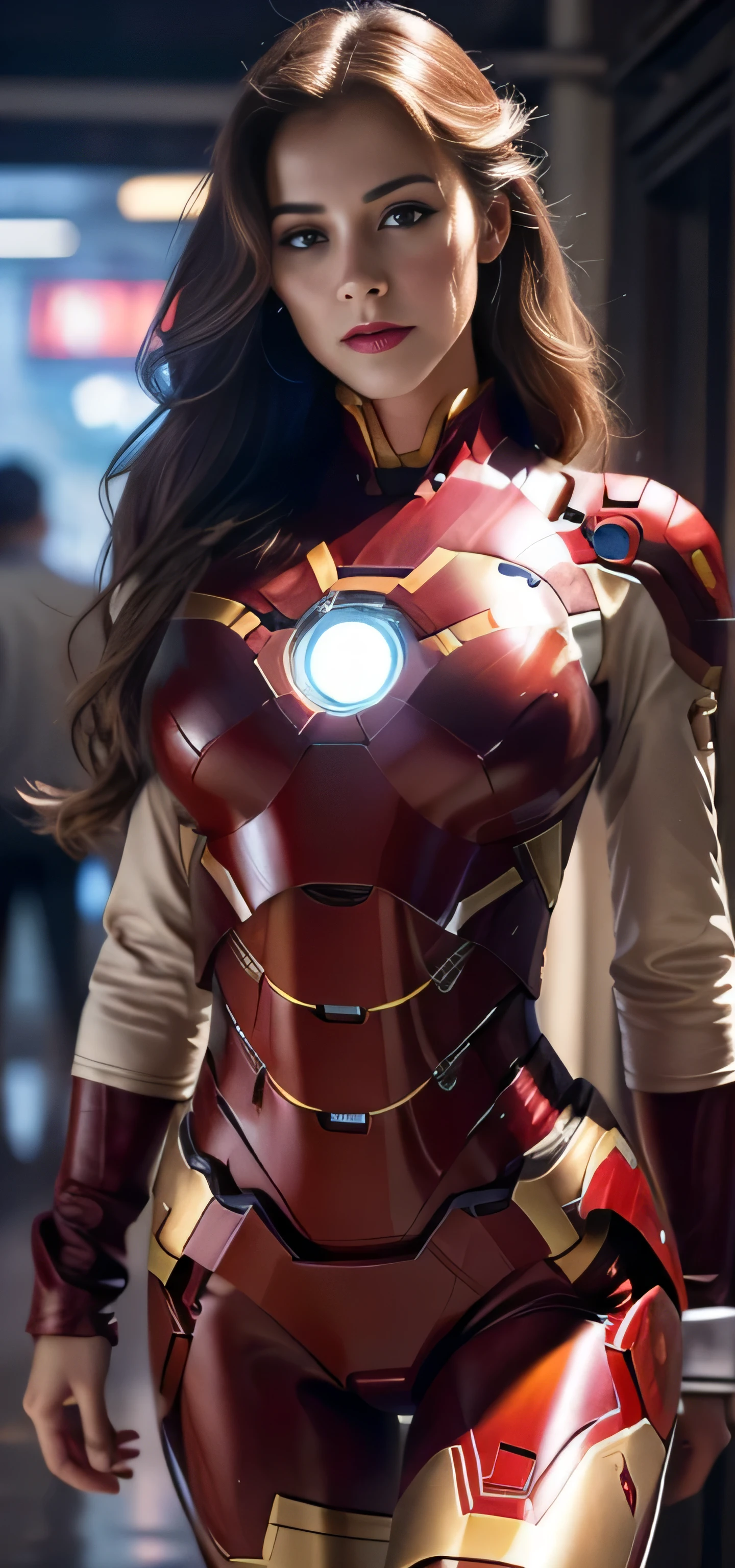 Photorealistic, high resolution, 1 Women, Solo, Beautiful eyes, view the viewer, Close lips, Detailed face,，long whitr hair, Big breasts Thin waist，long leges，Raised sexy，The kinky is exposed，Iron Man（Wearing：Iron Man uniform，nakeness）fully body photo，frontage