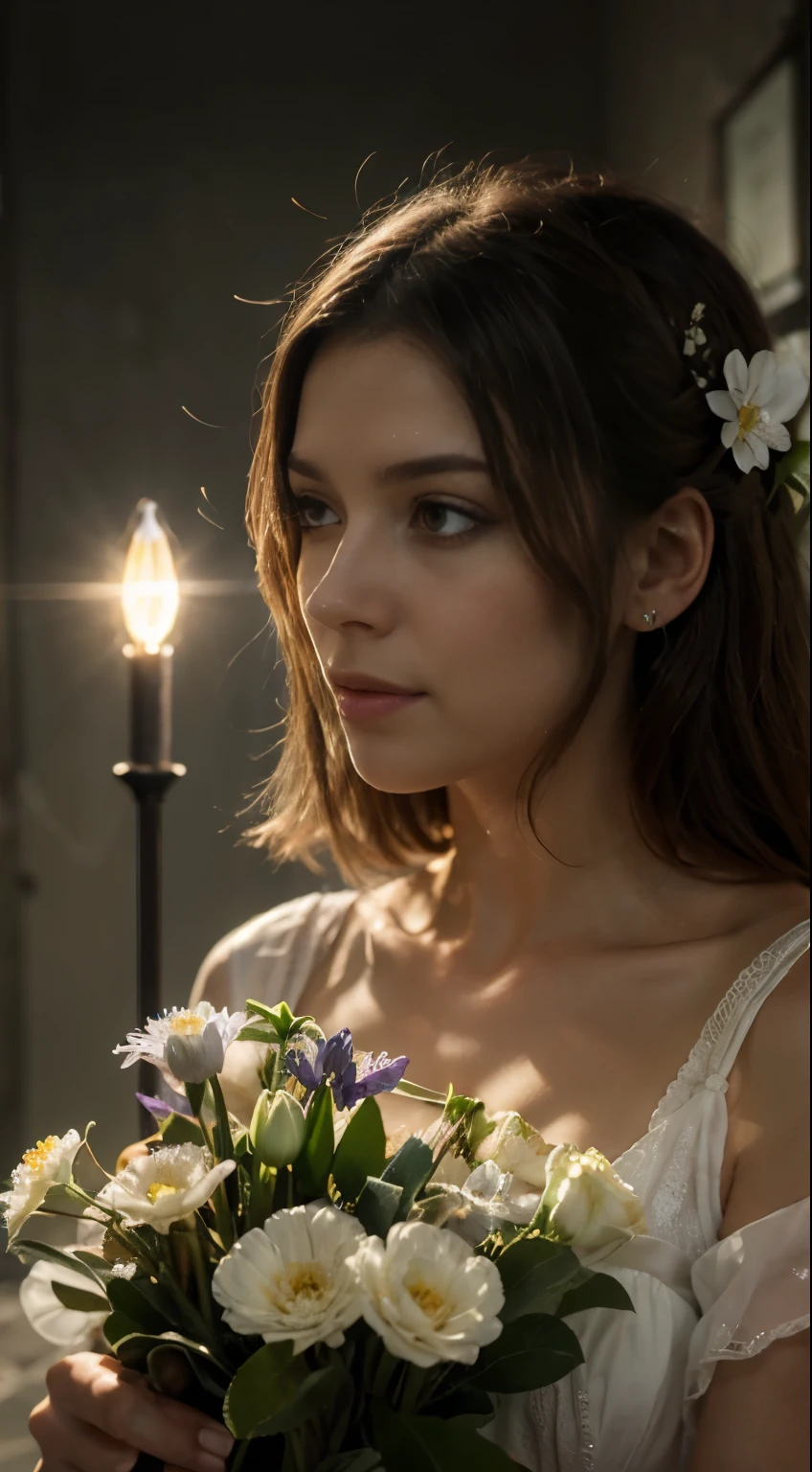 Bouquet of delicate flowers hyacinth, super transparent, holy Licht, beautiful spectral Licht, Petals glow, blinkt, dunkler Hintergrund, transparent Licht drops, reflective Licht, hell, Licht flowing in, Optik, Portrait profile, scharfer Fokus, magisch, kompliziert, ultrarealistisch, Fantasie, Komposition, Licht, Trend in Artstation, Perle, Silberdampf-Patronuswolke, Family of caustic sheath rays, 8 Tausend, ureal air 23v4 upLicht