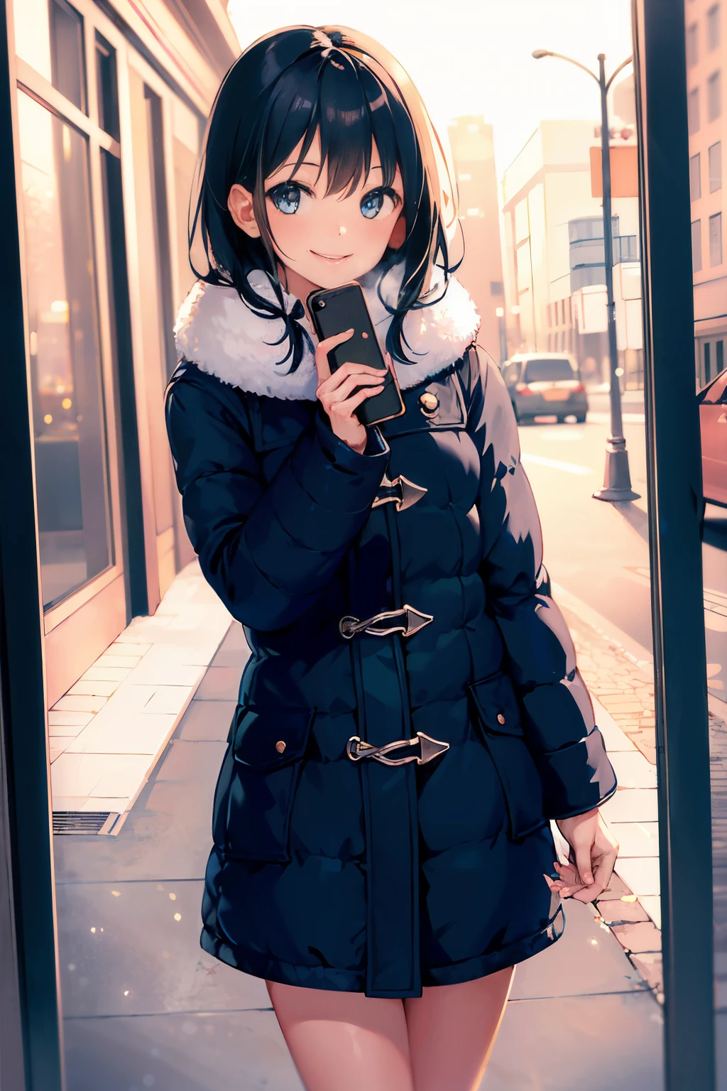 (morning), 1 girl, alone, looking at the viewer, winter, cowboy shot, (downtown), cowboy shot, smile, black hair