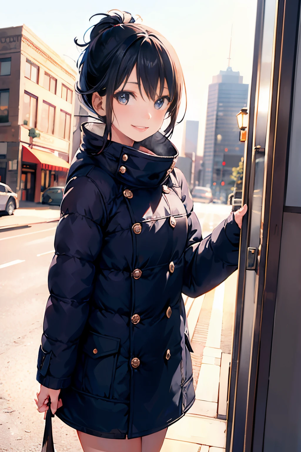(morning), 1 girl, alone, looking at the viewer, winter, cowboy shot, (downtown), cowboy shot, smile, black hair