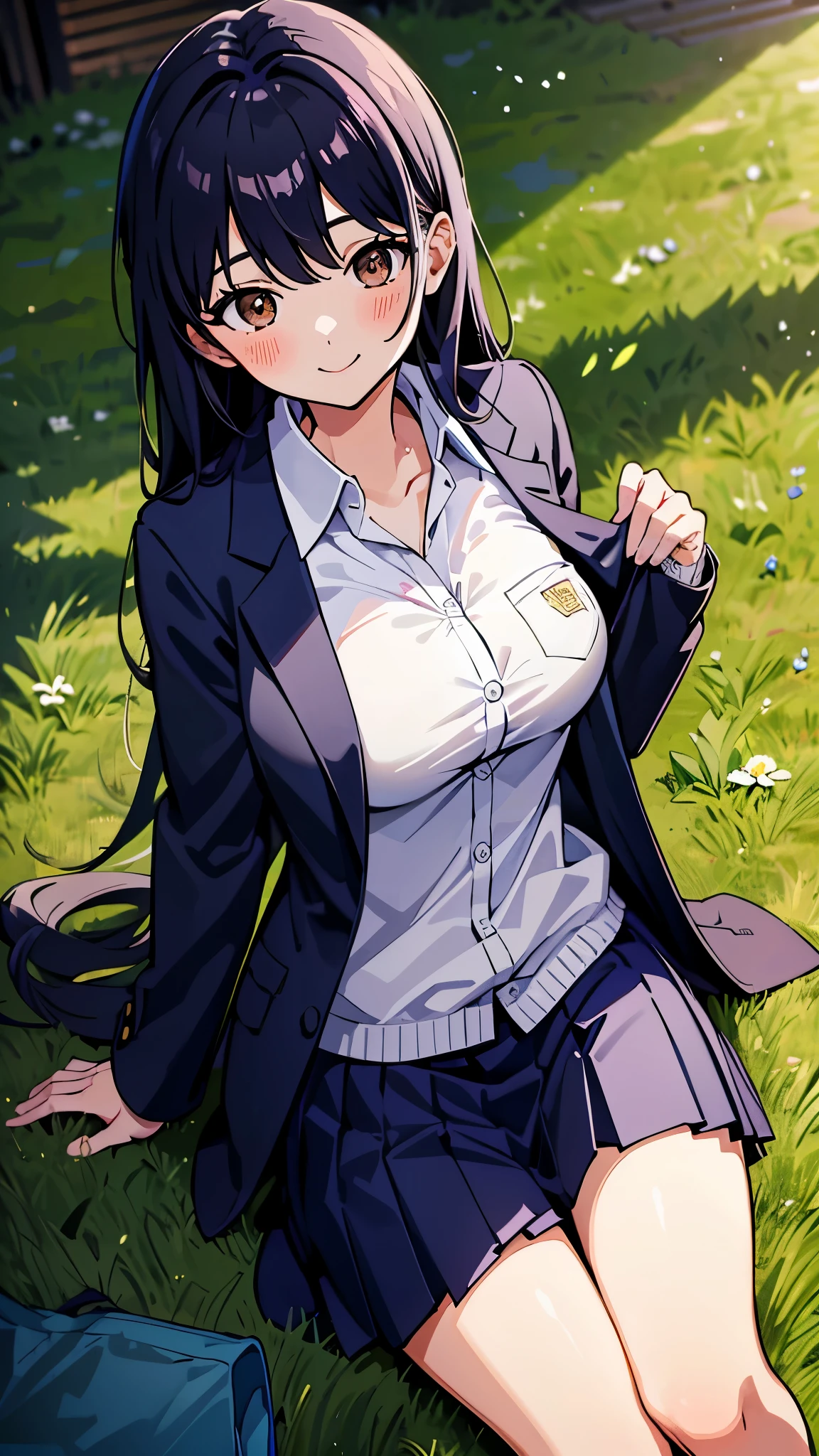 masterpiece, absurdres, ultra-detailed, Yamada Anna, 1girl, solo, long hair, blush, large breasts, black hair, long sleeves, brown eyes, , jacket, white shirt, pleated skirt, collared shirt, blue skirt, blazer, cardigan, blue jacket, (realistic:0.35), blush, smile,  looking at viewer, outdoors, outdoors, sitting with a leg on chair, colorful, breast pocket, messy bangs,show tits