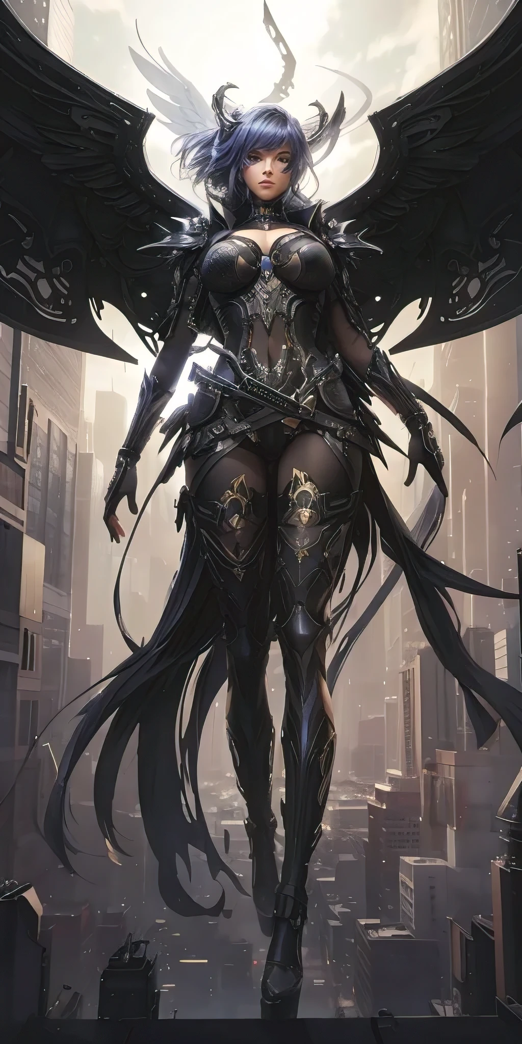full body, curvaceous well-endowed beautiful cyberpunk fallen angel with big gorgeous eyes, digital illustration, huge breasts, slim waist, wide hips, thick thighs, standing on stage, city streets, intricate celestial armor, thighhigh socks, eye-catching composition, soft tones, anime realism