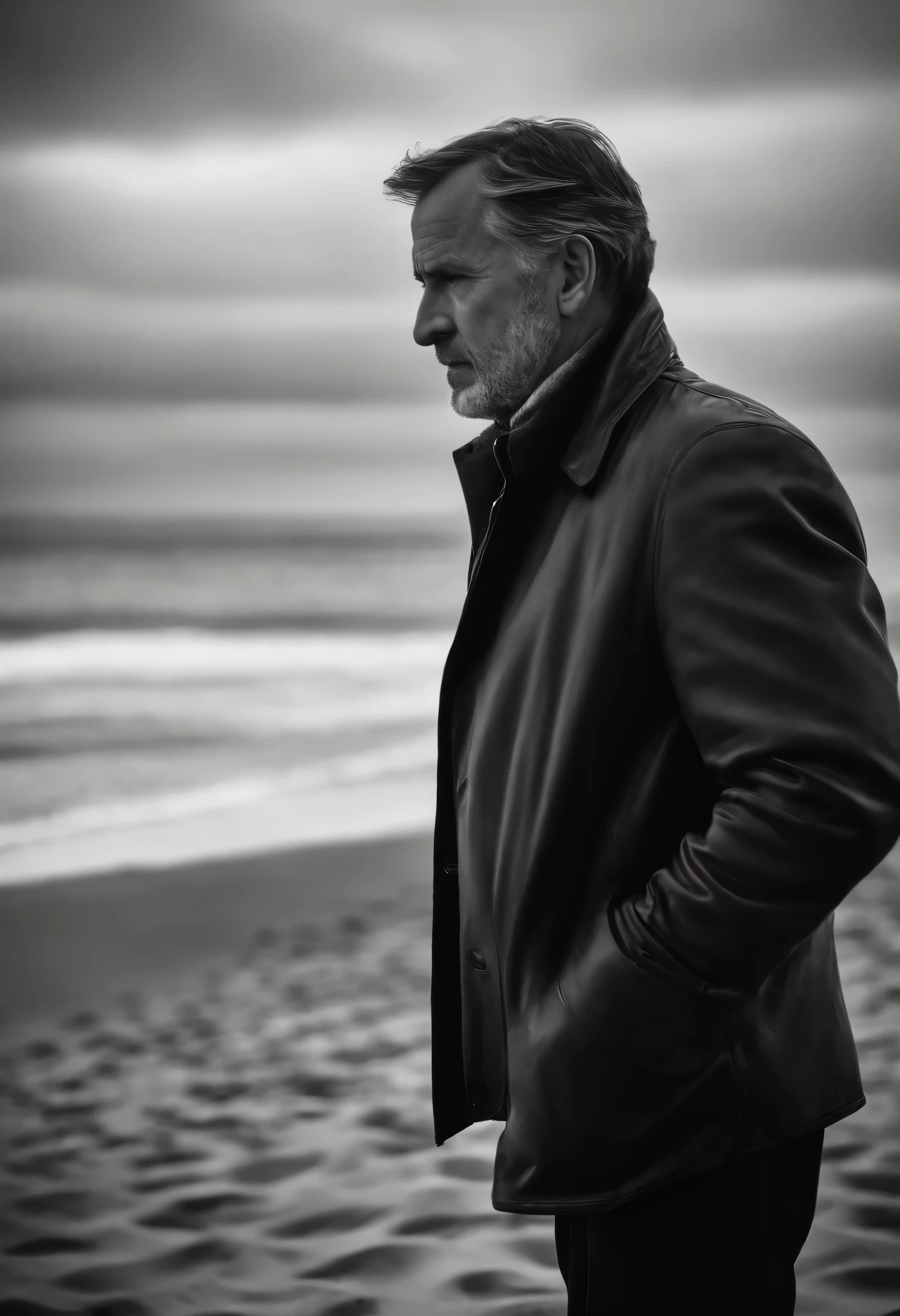 lonely father, masculine, wise, wide angle black and white, photo realistic, fine details, beach overcast