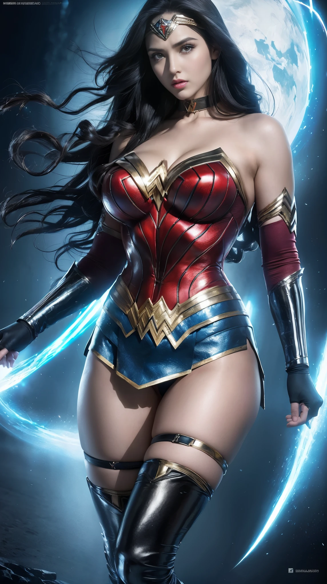 ((mejor calidad)), ((obra maestra)), (detallado: 1.4), ..3D, una imagen de una hermosa mujer ojos azules con traje de wonder woman con cabello grueso Pechos grandes con disparos y cola grande y voluminoso, light particules, Pure energy, caos, antitech, HDR (High Dymanic Range), Trazado de rayos ,NVIDIA RTX, Super-Resolutio