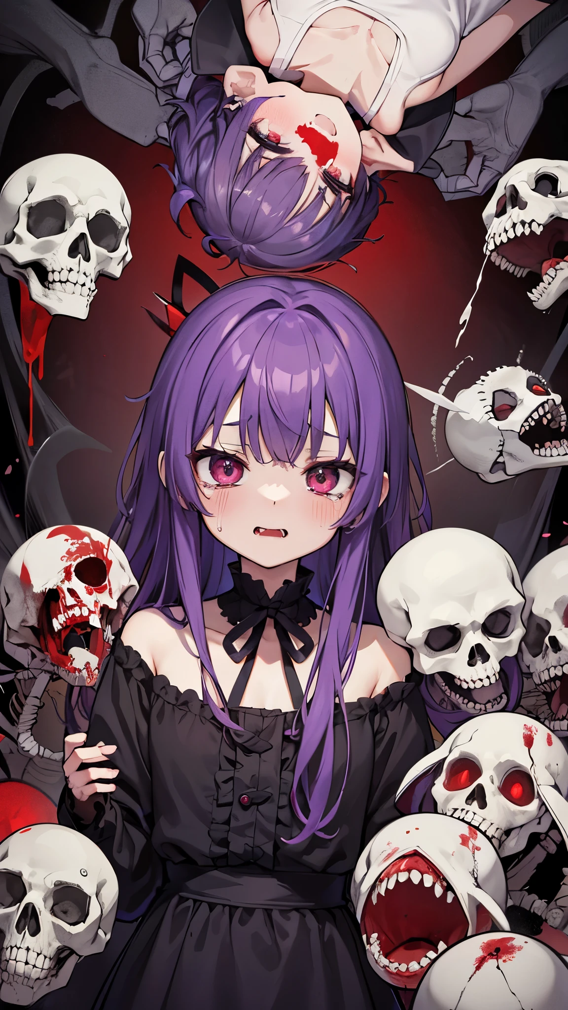 Yuzuki Yukari, purple hair, purple dress, hooded jacket、neck falls、dark atmosphere、bloody、The mouth is stained red with blood、pick the organs、eat organs、Gloテスク、cut arm、fingers bent in opposite directions、background(countless hands、reddish black)、being dragged into、half crying、crying face、happy face、The corners of his mouth are turned up and he&#39;s crying.、dead eyes、dead fish eyes、exposed bones、the skin is rotten、The jaw is detached、grabbing the liver、Take out your tongue、kill、cadaver、stab the abdomen with a knife、maggots are coming out、Spooky、A dark atmosphere、strangeness、Strange、Glo、Glo画像、Head falling off, dark atmosphere, covered in blood, mouth stained red with blood, picking organs, eating organs, grotesque, cut arm, fingers bent in opposite directions, background (numerous hands, red and black) ), dragged away, half-crying, crying face, happy face, the corners of the mouth turned up and crying, dead eyes, dead corns, exposed bones, rotting skin, jaw dislocated, liver Grabbing someone, pulling out a tongue, killing, dead body, stabbing in the abdomen with a knife, maggots springing out, creepy, gloomy atmosphere, bizarre, bizarre, gory, gory images