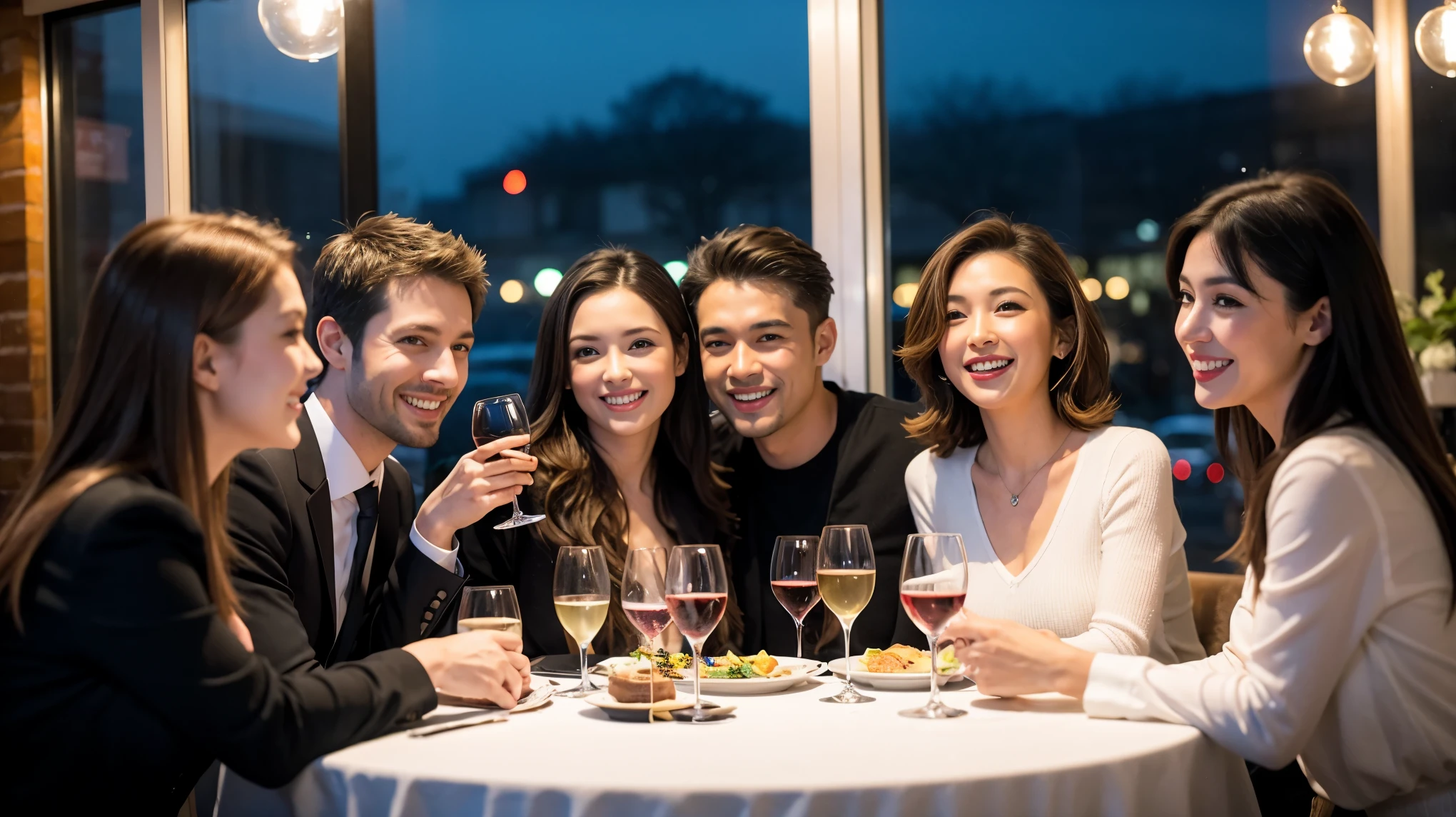 64k, Hmm, highest quality, masterpiece: 1.2), (realistic, photorealistic: 1.37), Super detailed, celebration party、beauty、charm、beautiful mature woman、3 women who love wine、three men、Champagne、sparkling wine、winter night、restaurantでワイン宴会、(slimな男女4名),(Wine party for 5 people)、(slimフェイス),Happy、 最高なsmile、Fox face、Raccoon face、Berry Short、(because I&#39;thin), (brown hair), (shortcut), long sleeve shirt、winter fashion、Columbia、Brazilian、Japanese、Dutch、German、Portuguese、Belgian、Italian、French, (Squirting), (slimボティ), (brown hair), (shortcut), 端正なbeauty、cheeks turn a little red, (41 years old), 38 years old, 35 years old、32 years old、 43 years old、A beautiful and detailed night view spreads out outside the window........, restaurant, wine glassが座っている, At night, in a prominent place (from the Upper body) nova frog style, actress, model, Upper body, White wine, slim, wine glass, Very beautiful night view, wine glass Put in the Middle, Happy smile, (smile: 1.15), 