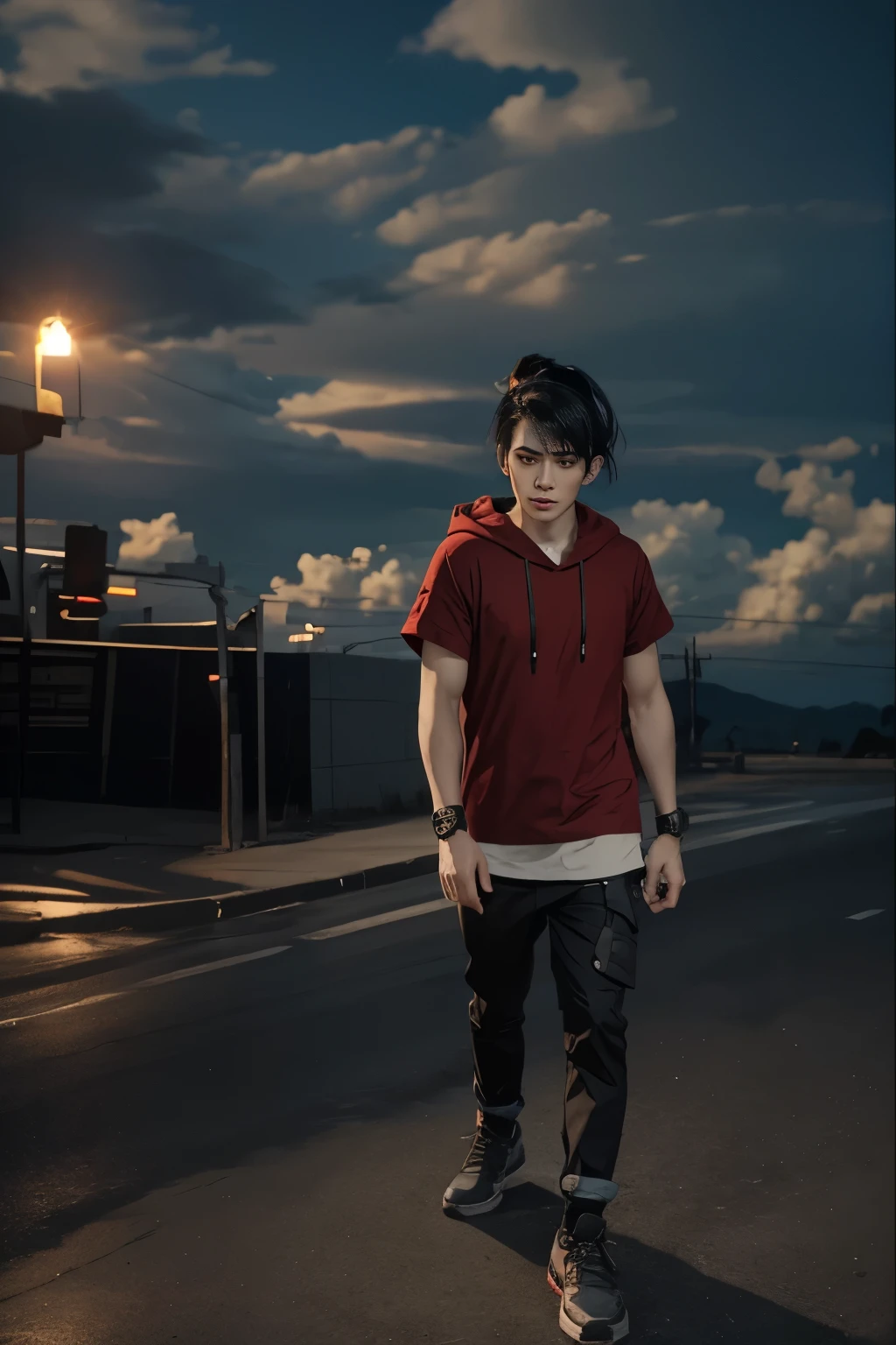 a handsome 25 years old male vampire hunter with ponytail black hair, pale skin, serious looking, wearing a red and black casual outfit and black pants, waist up shot, dynamic pose, ambient lighting, photo realism, intricate face detail, intricate hand details, highly detailed, vibrant colors, cinematic, high definition, trending on Artstation--style raw