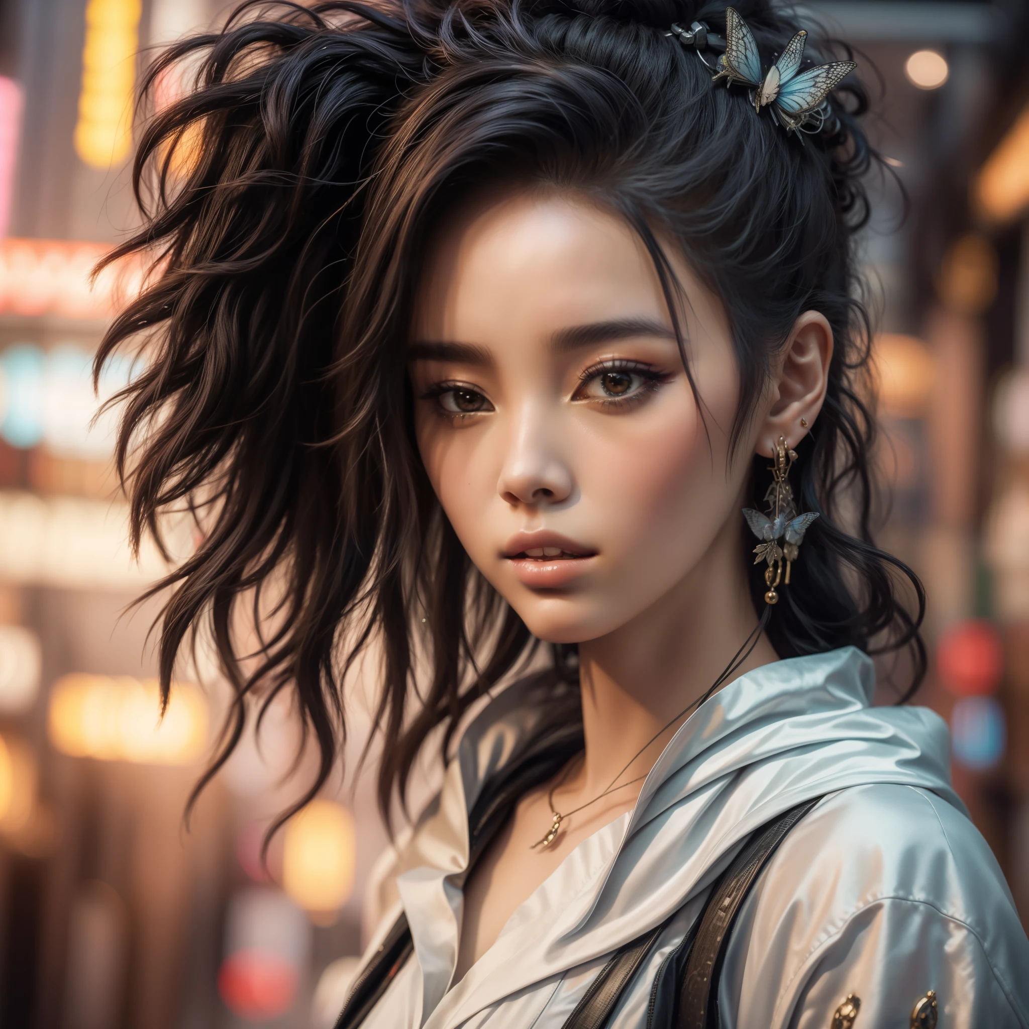 hyperrealistic image of a cyberpunk Japanese geisha, with full lips, silky skin, beautiful flowing hair, beautiful hands and nails, wearing a beautiful white kimono, wearing earrings, wearing bracelet, with butterflies flying around her hair, exquisite art, beautiful digital art photorealistic, a beautiful ultra-realistic image of a sensual cyberpunk geisha, Beauty cyberpunk geisha, retro 80s style cyberpunk geisha, Portrait of a stunning cyberpunk geisha, beautiful beautiful realistic art of intricate details.