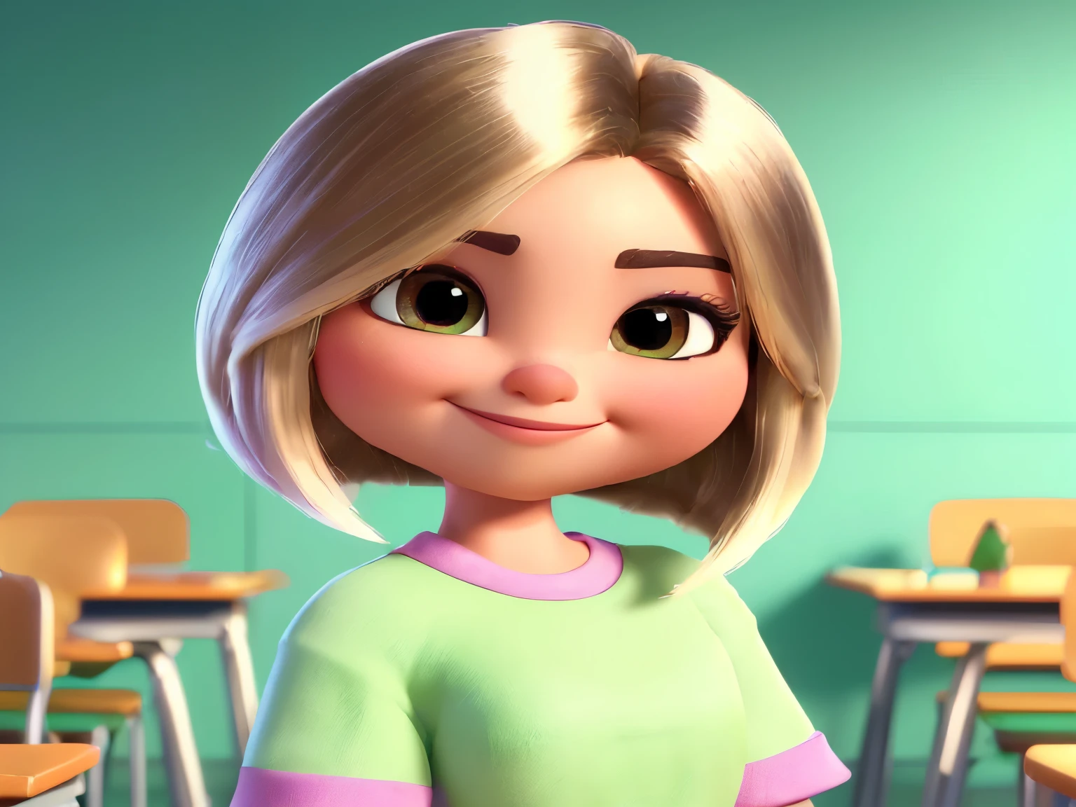 create a (beautiful Disney Pixar 3D style post, of a beautiful, robust woman, round face LIGHTLY TURNED AT THE CHIN, 1.59 tall, elegant, white skin, brown eyes, beautiful eyelashes, has a beautiful smile, wears a t-shirt lime green with pink edges, wears black pants, very elegant. She is wearing white sneakers, shoulder-length hair with longer spiked ends, blonde in color with shiny highlights, In front of a classroom