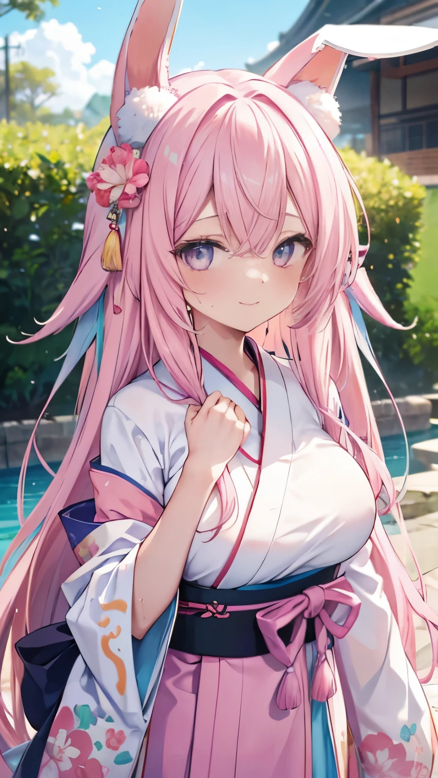1 girl, animal ears, long hair, pink and light blue hair,pink eyes,big breasts,tits, long hair, looking at the viewer,Bunny ears,,smile, alone, split color hair, two tone hair,kimono,Hakama,wet with sweat,