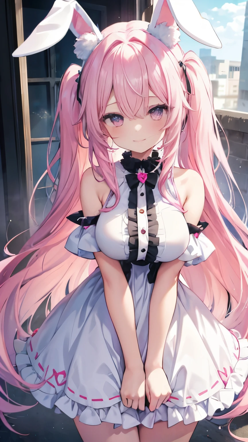 1 girl, animal ears, long hair, pink and light blue hair,pink eyes,big breasts,tits, long hair, looking at the viewer,Bunny ears,,smile, alone, split color hair, two tone hair,dress,frills,fur,wet with sweat,