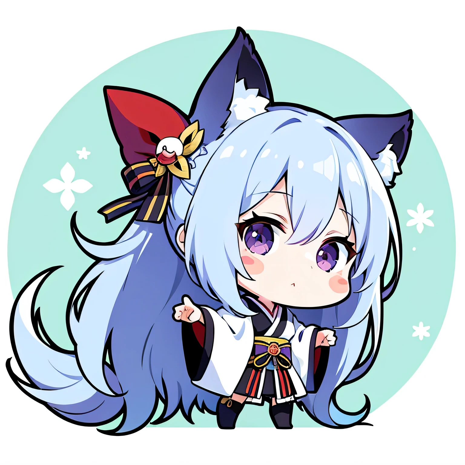 ((sticker: 1.5))), ((chibi character)), (white background), fluffy, girl, Japan, Courtesan costume, there are fans, bewitching pose, chibi character, whole body, pastel hair, fairy tale, wonderful, rainbow, masterpiece, highest quality, 16k, Cat ear, fox tail, purple eyes