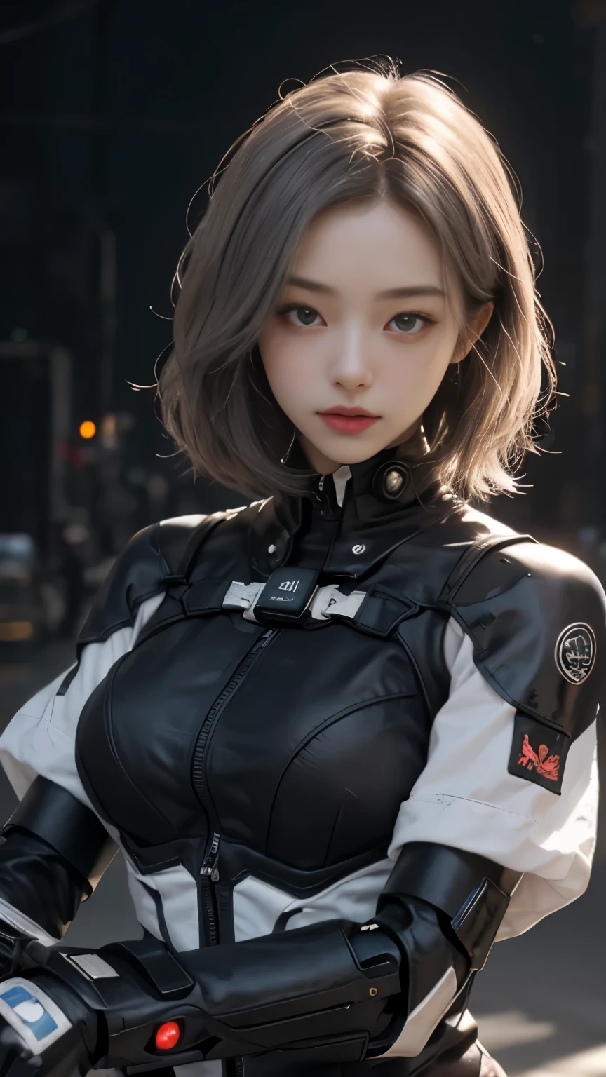 25 year old woman,Highest image quality, outstanding details, ultra-high resolution, (realism: 1.4), the best illustration, favor details, highly condensed 1girl, with a delicate and beautiful face, dressed in a black and silver mecha, wearing a mecha helmet, holding a directional controller, riding on a motorcycle, cool beauty,tall girl,short hair, silver hair,Precisely expresses details such as face and skin texture,beautiful eye, silver eye,double eyelid,delicate skin,slender body shape,alone,big breasts,the background is a high-tech lighting scene of the future city.