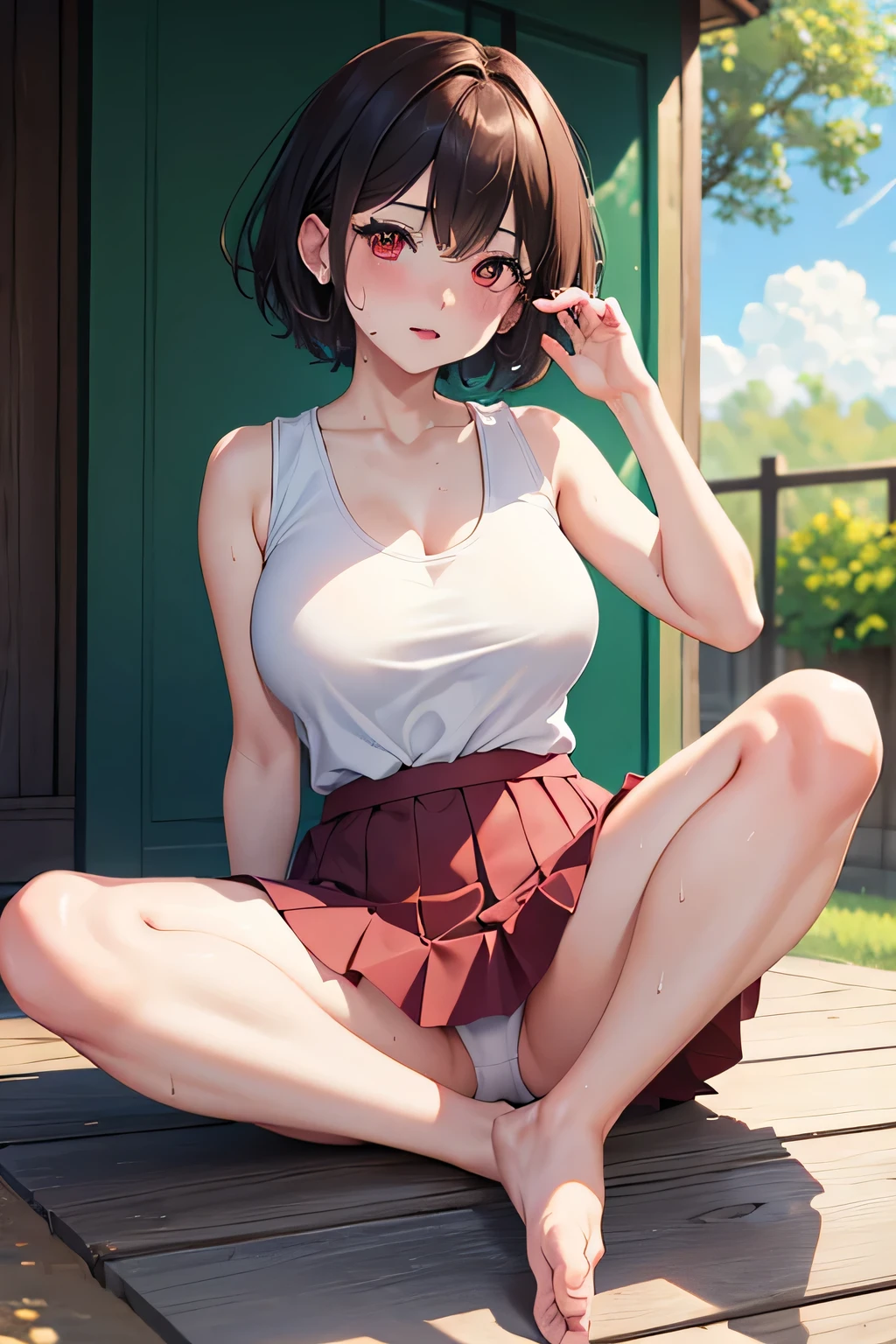 ((4k, masterpiece, highest quality)), 1 girl, anime, short hair, red eyes, big breasts, cute, blush, Sweat,check pleated skirt, underwear, spread your legs, Wet, white tank top, barefoot, Y word, whole body