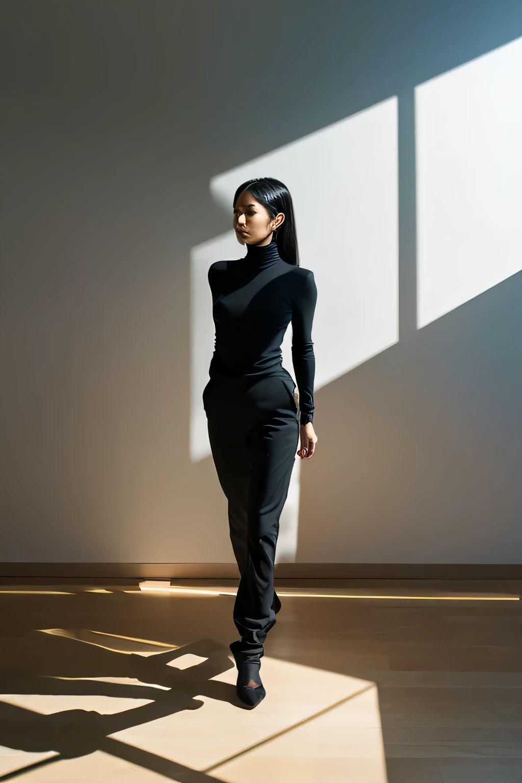 Inside a minimalist art gallery in Tokyo, A beautiful Japanese woman&#39;s meditative moment is captured, appreciate contemporary art. she wears fashionable clothes, black turtleneck and pants, embody chic, artistic atmosphere, Her long black hair was pulled back to draw attention to her thoughtful expression. The gallery&#39;s sophisticated lighting、focuses on the work and her work。, Create a dramatic interplay of shadow and light --ar 3:4 --style raw --stylize 250