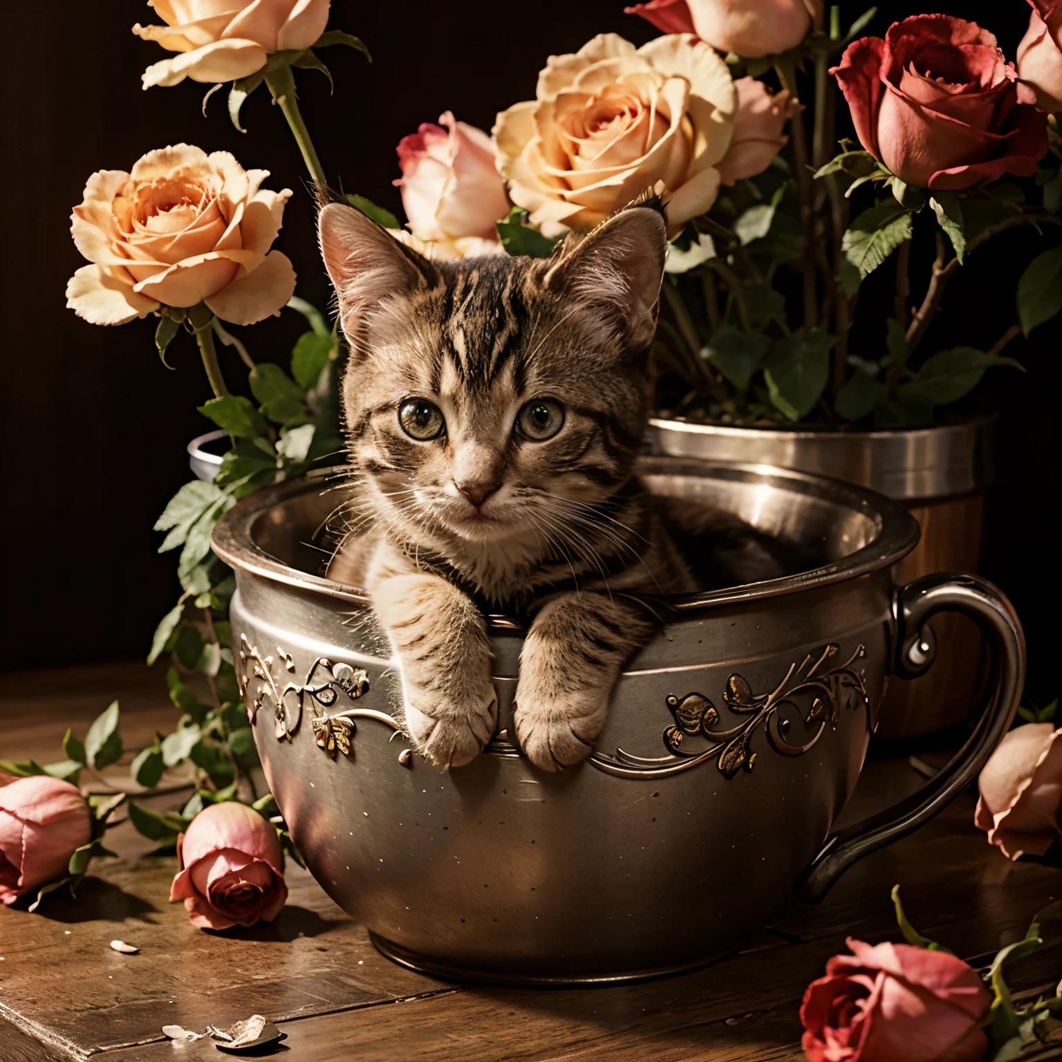 In this ultra-detailed CG art, the adorable kitten surrounded by ethereal roses, best quality, high resolution, intricate details, fantasy, cute animals