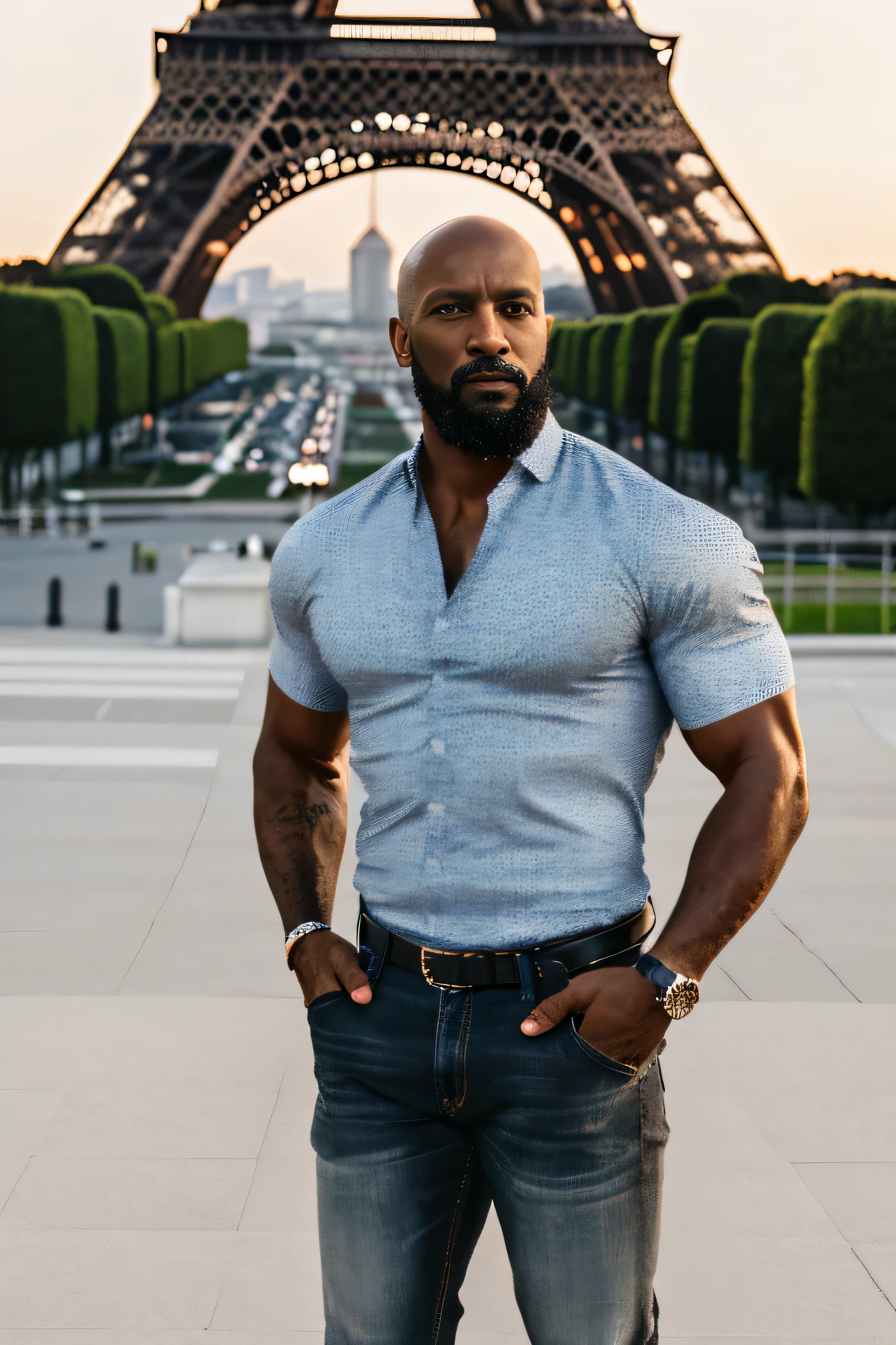 un calvo, hombre de barba negra, 40 years old, muscular, elegante, vistiendo una camisa y jeans, alto, masculino, elegante, atractivo, con la torre eiffel. (Mejor calidad,4k,8K,high resolution,Obra maestra:1.2), ultra detallado, (Realista,photoRealista,photo-Realista:1.37), HDR, HD, studio lighting, extreme detailed description, profesional, vivid colors, bokeh, retratos, paisaje, elegancia, masculino charm, paleta de colores grises, soft lighting.