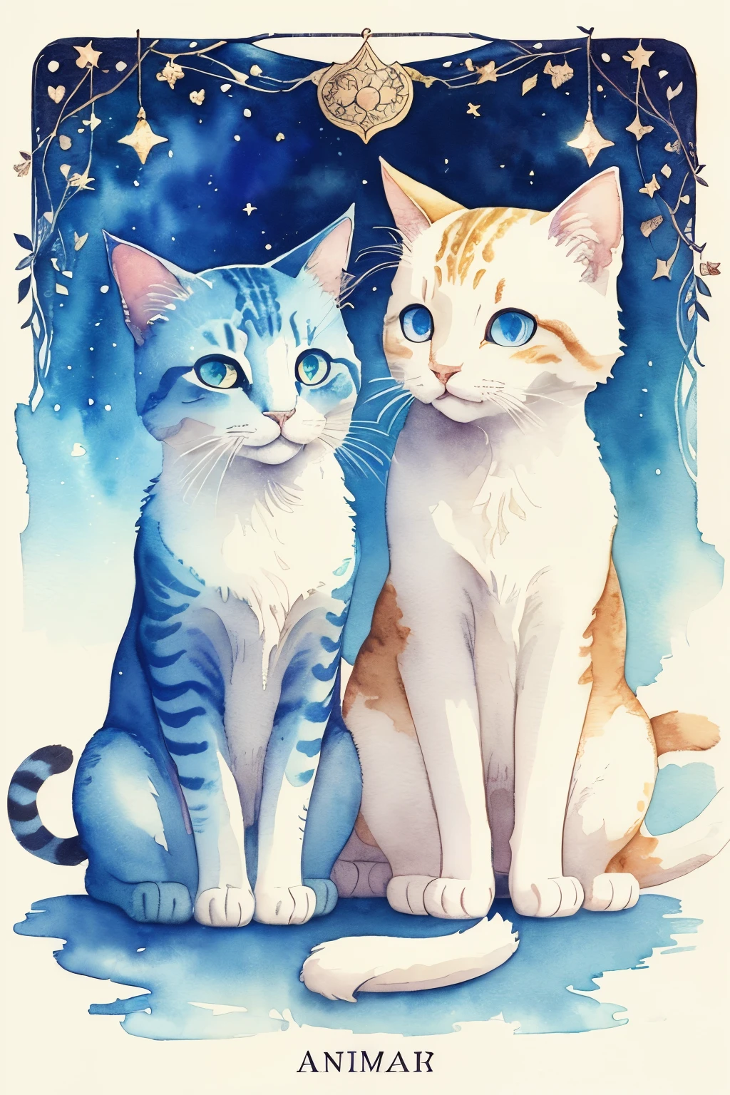 ((animal,watercolor painting,Playing cat)),dance,raise your hand,open your mouth,indoor,masterpiece,highest quality,animal,(tarot cards,blue eyes,fluffy cat,cute,fun,happiness),stylish scenery,glitter effect,star,celebration,anatomically correct,Good luck,最高にcute猫,cute猫,fantasy,randolph caldecott style,enlightenment,(watercolor painting,Gentle colors,hand-drawn style,like an illustration,soft color palette,pop,fancy)