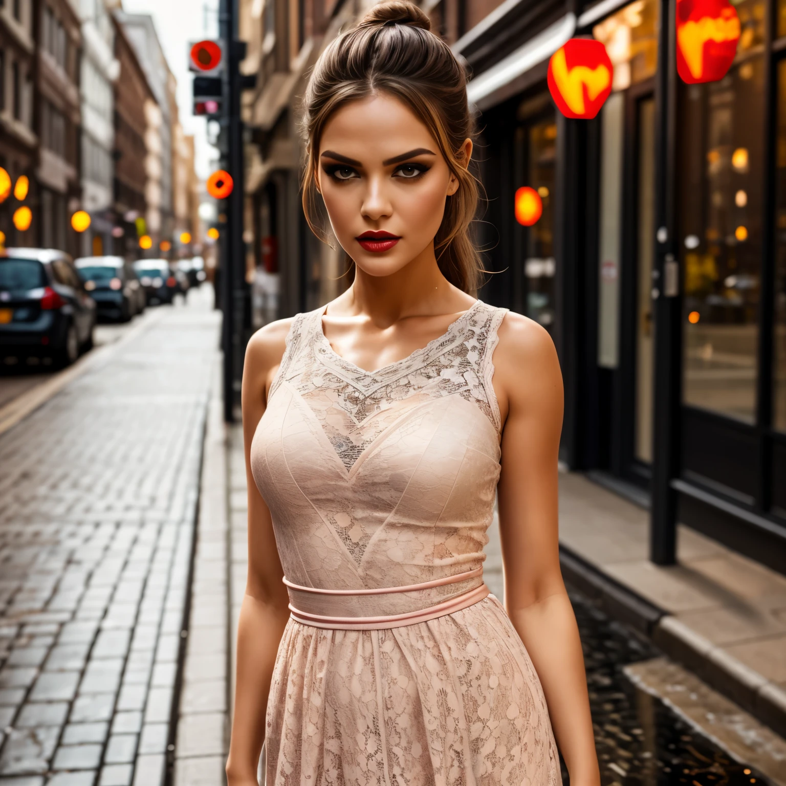 (best quality,8k, ((wearing lace maxi dress)),standing,red light district,highly detailed face and skin texture,detailed eyes,double eyelids),portrait,sunny atmosphere,soft focus,warm color tones,subtle backlighting,dewdrops on lashes,urban landscape,reflection on wet pavement,moody aesthetic. Body main focus,  