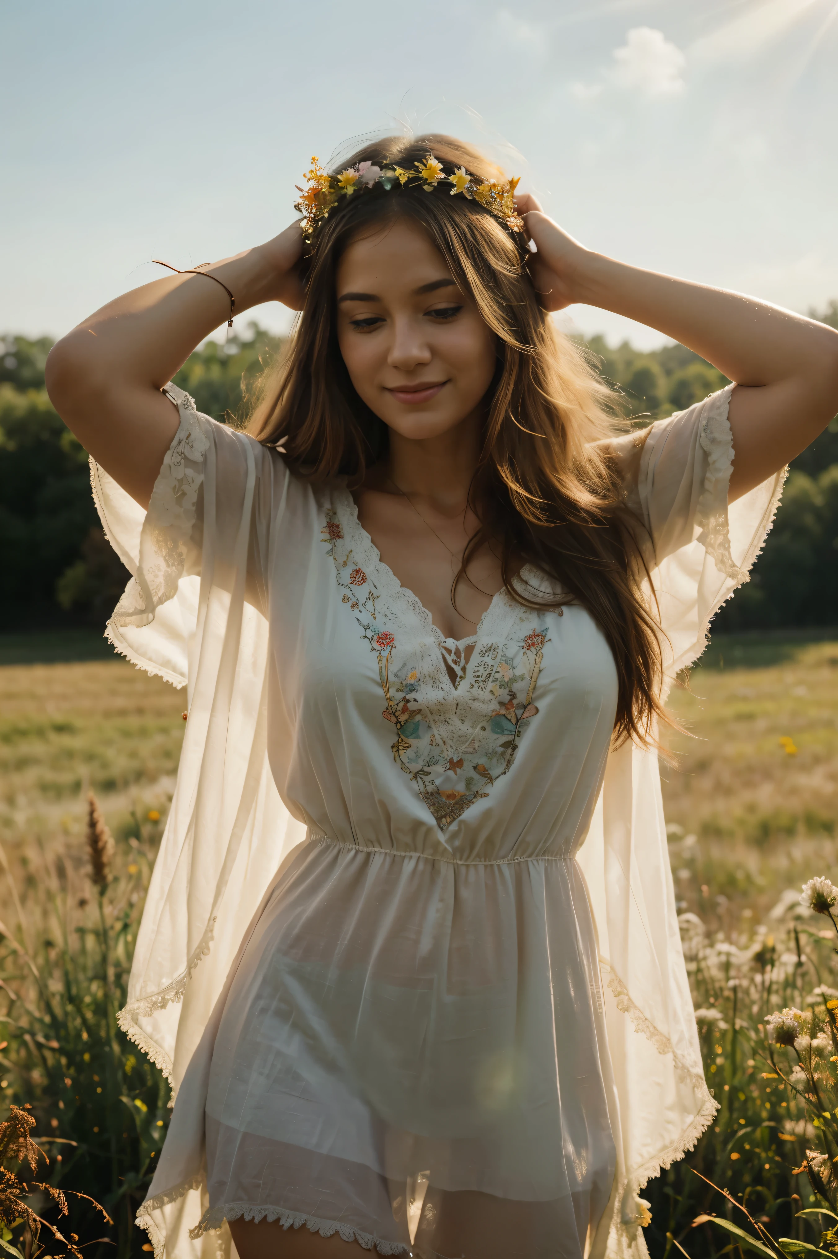 holding a flower crown, surrounded by colorful bohemian tapestries. She has long flowing hair and is smiling warmly. The scene is set in a sunlit meadow with tall grass and wildflowers. The woman is barefoot and her clothes are loose and flowing, reflecting the carefree spirit of the hippie era. The colors in the image are vibrant and saturated, with a warm and ethereal color tone. The lighting is soft and diffused, casting a gentle glow on the woman and the surroundings. The image is of the highest quality, with exquisite details in the woman's features, her flowing hair, and the intricate patterns on the tapestries. The overall style of the artwork is reminiscent of 70s bohemian aesthetics, capturing the spirit of peace, freedom, and love.