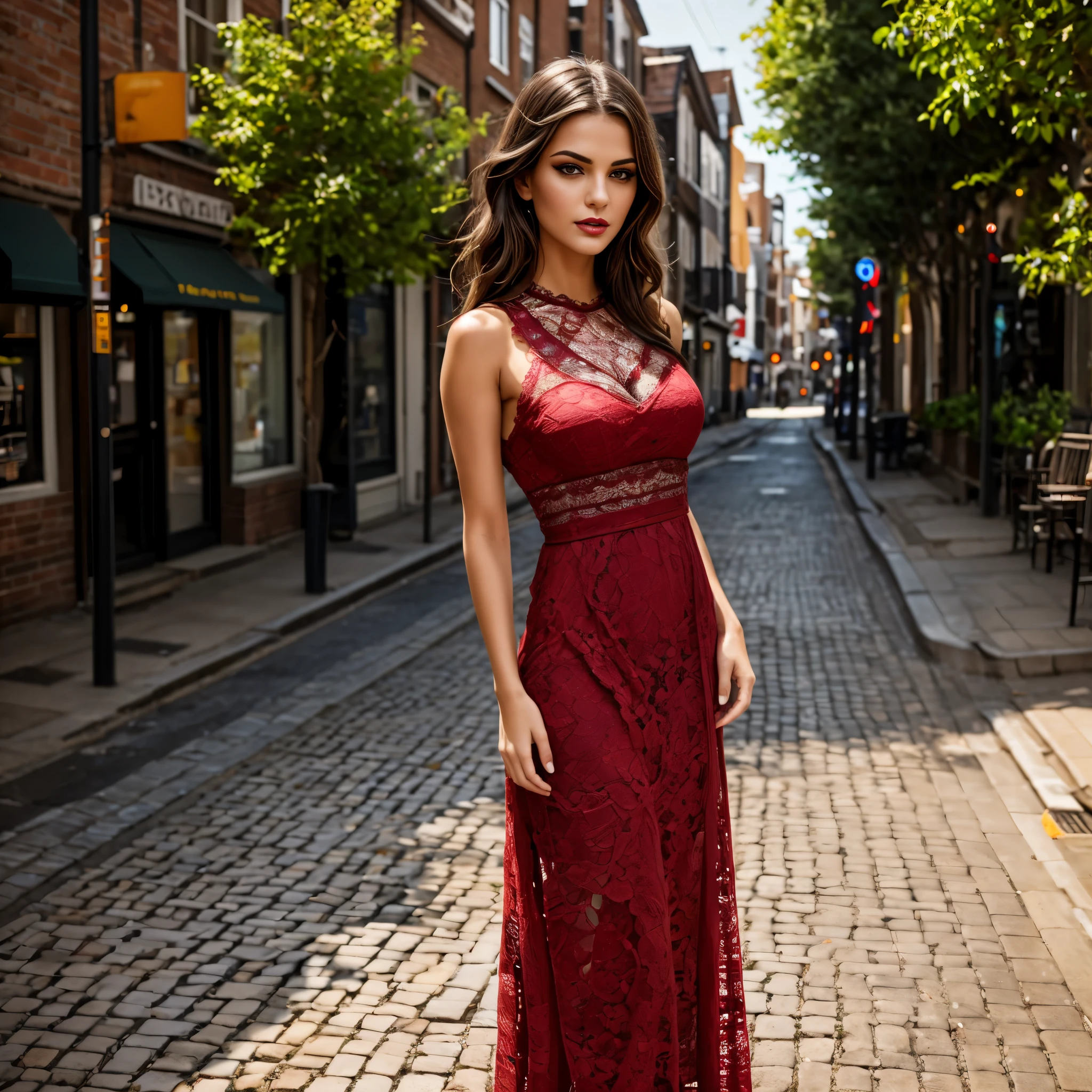 (best quality,8k, ((wearing lace maxi dress)),standing,red light district,highly detailed face and skin texture,detailed eyes,double eyelids),portrait,sunny atmosphere,soft focus,warm color tones,subtle backlighting,dewdrops on lashes,urban landscape,reflection on wet pavement,moody aesthetic. Body main focus,