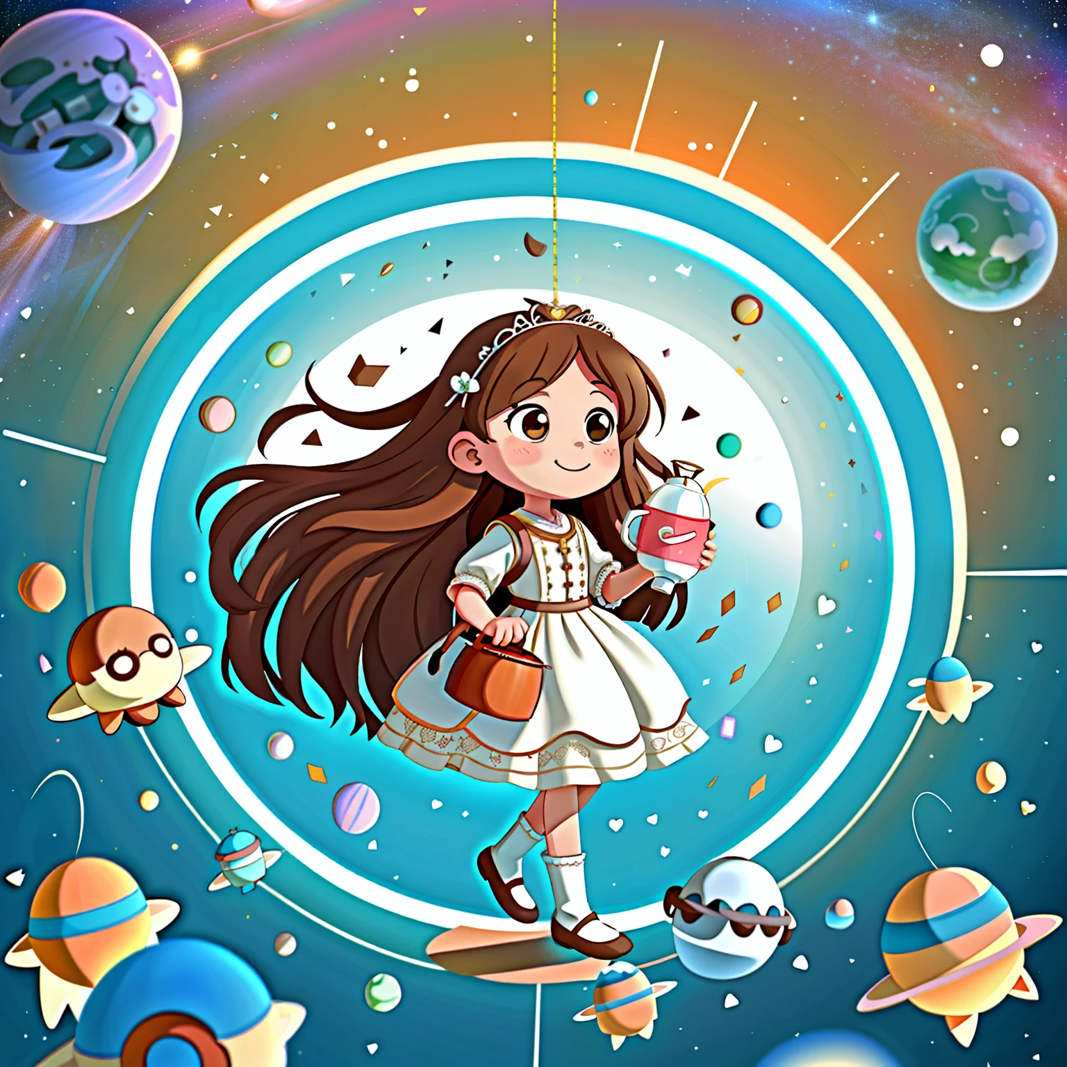 Girl with long brown hair，Put on a white wedding dress，bride，（holding a kettle），（Holding an extra large water bottle），flying in space and time（in flight)（time Tunnel），（with love）happy，surrounded by love，surrounded by love，O sign，vector，line art，design，inspiration，straight line，RHAD